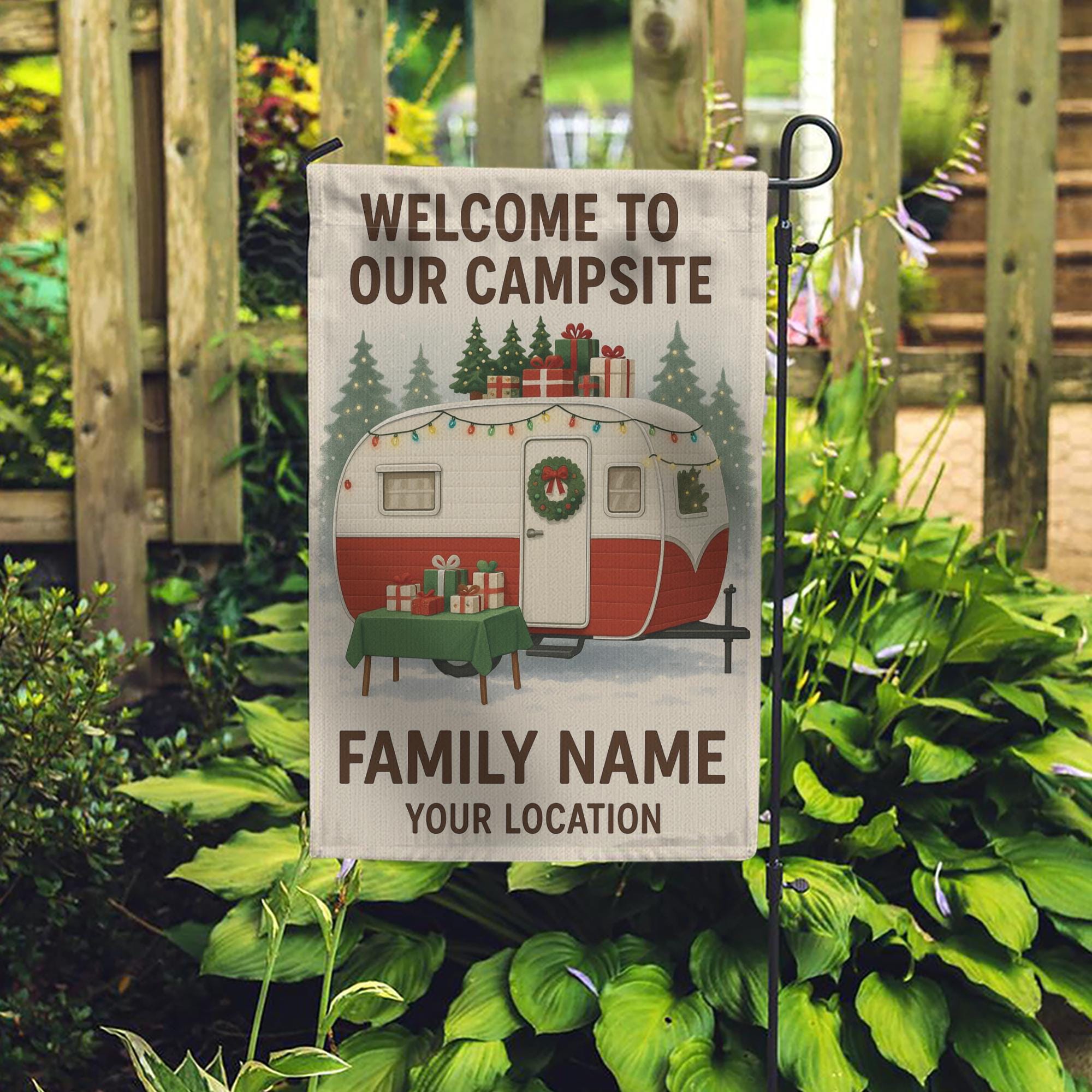 Christmas Camper Garden Flag: Personalized Campsite Yard Decor