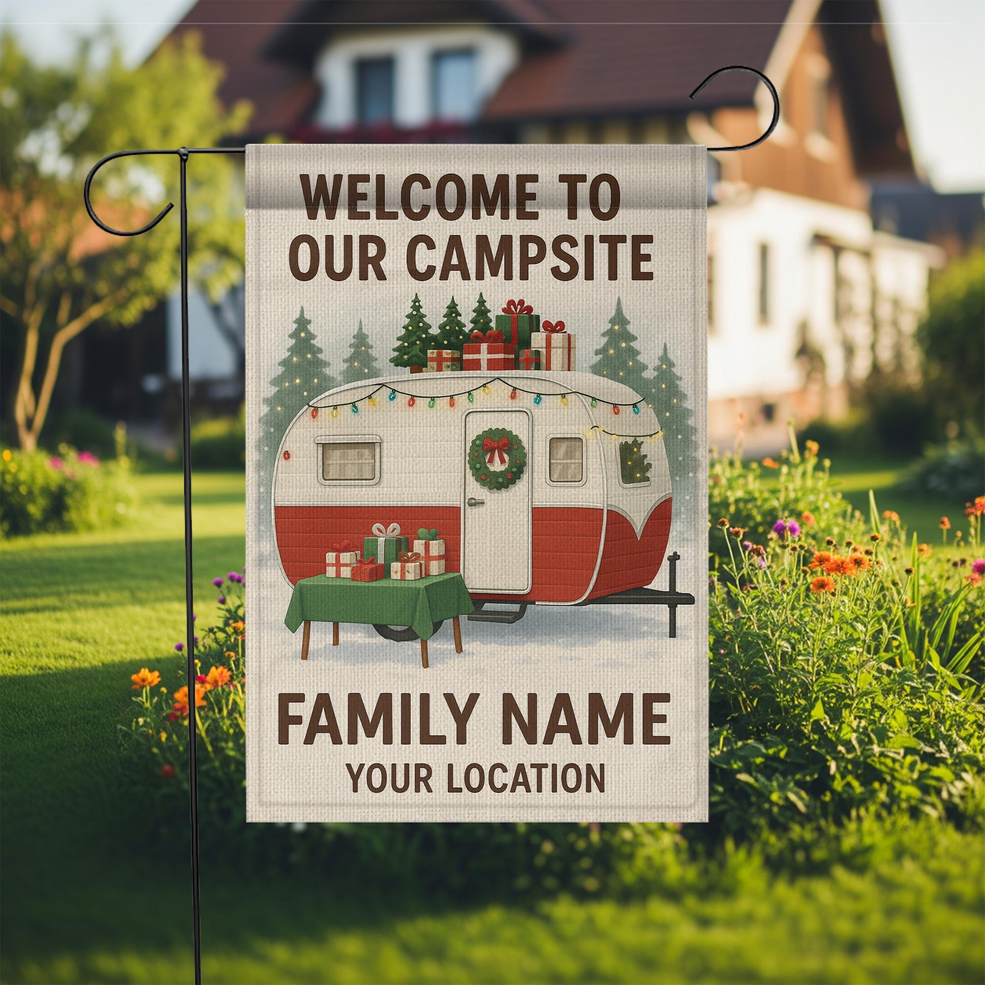 Christmas Camper Garden Flag: Personalized Campsite Yard Decor