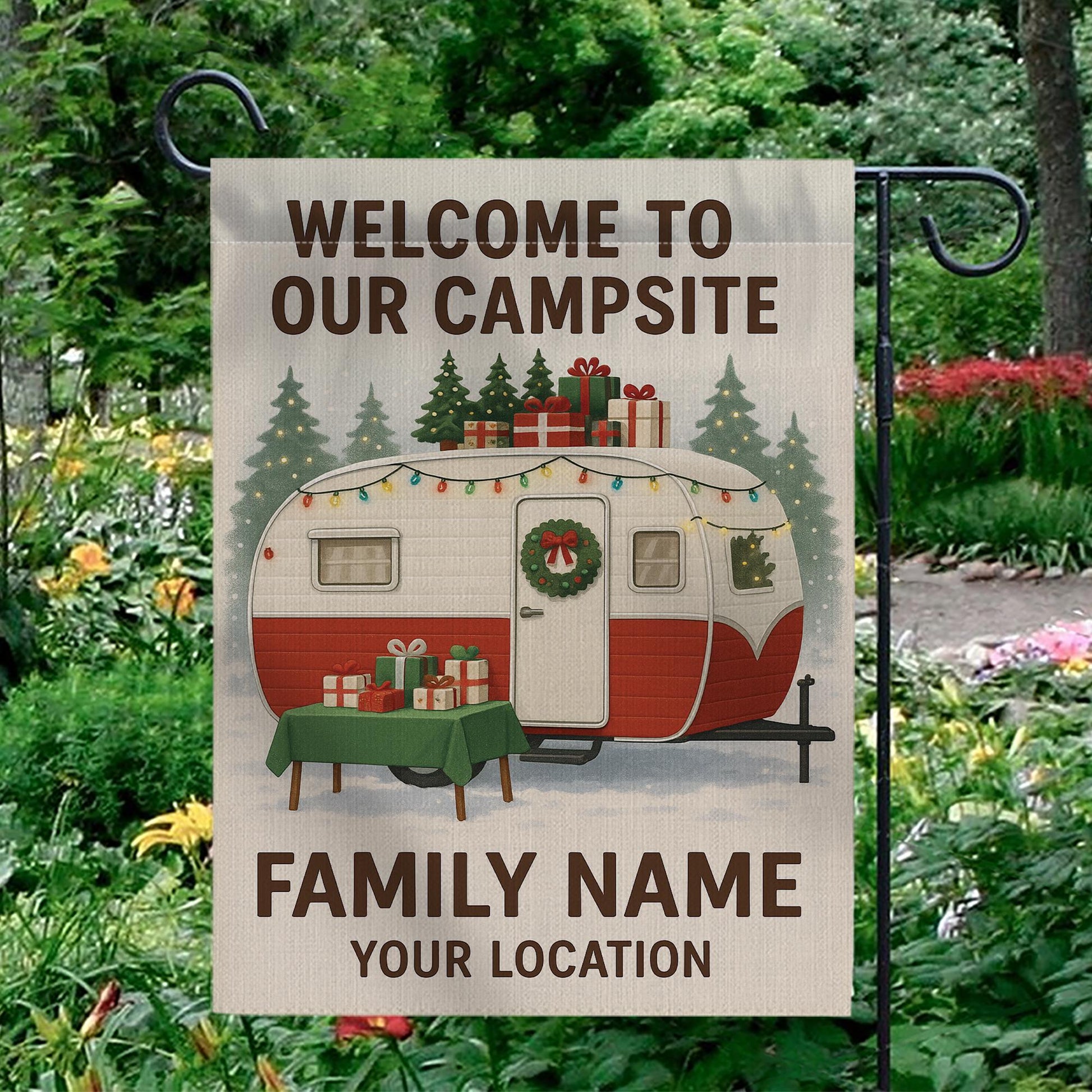 Christmas Camper Garden Flag: Personalized Campsite Yard Decor