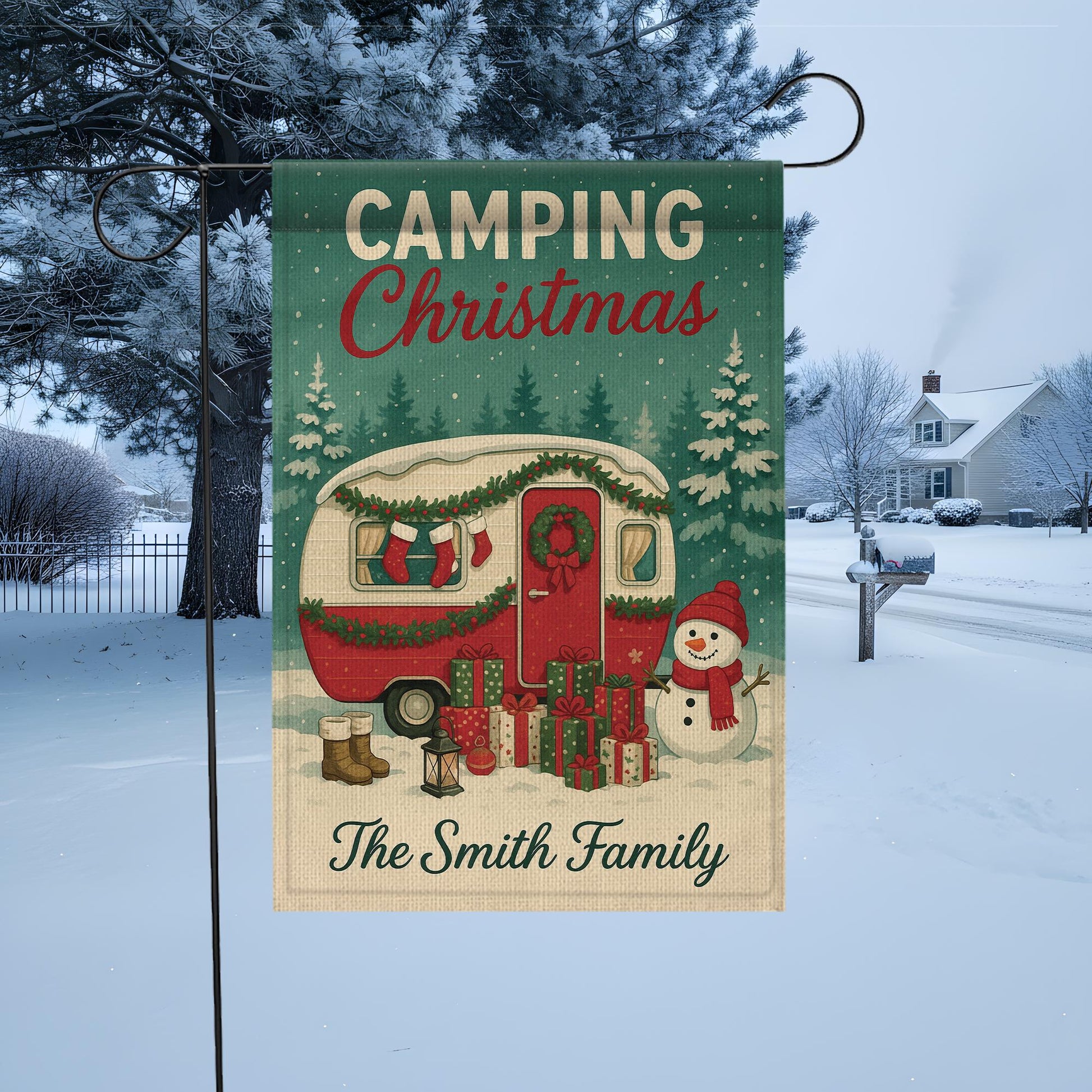 Camping Christmas Garden Flag: Personalized Holiday Camper Yard Decor with Snowman