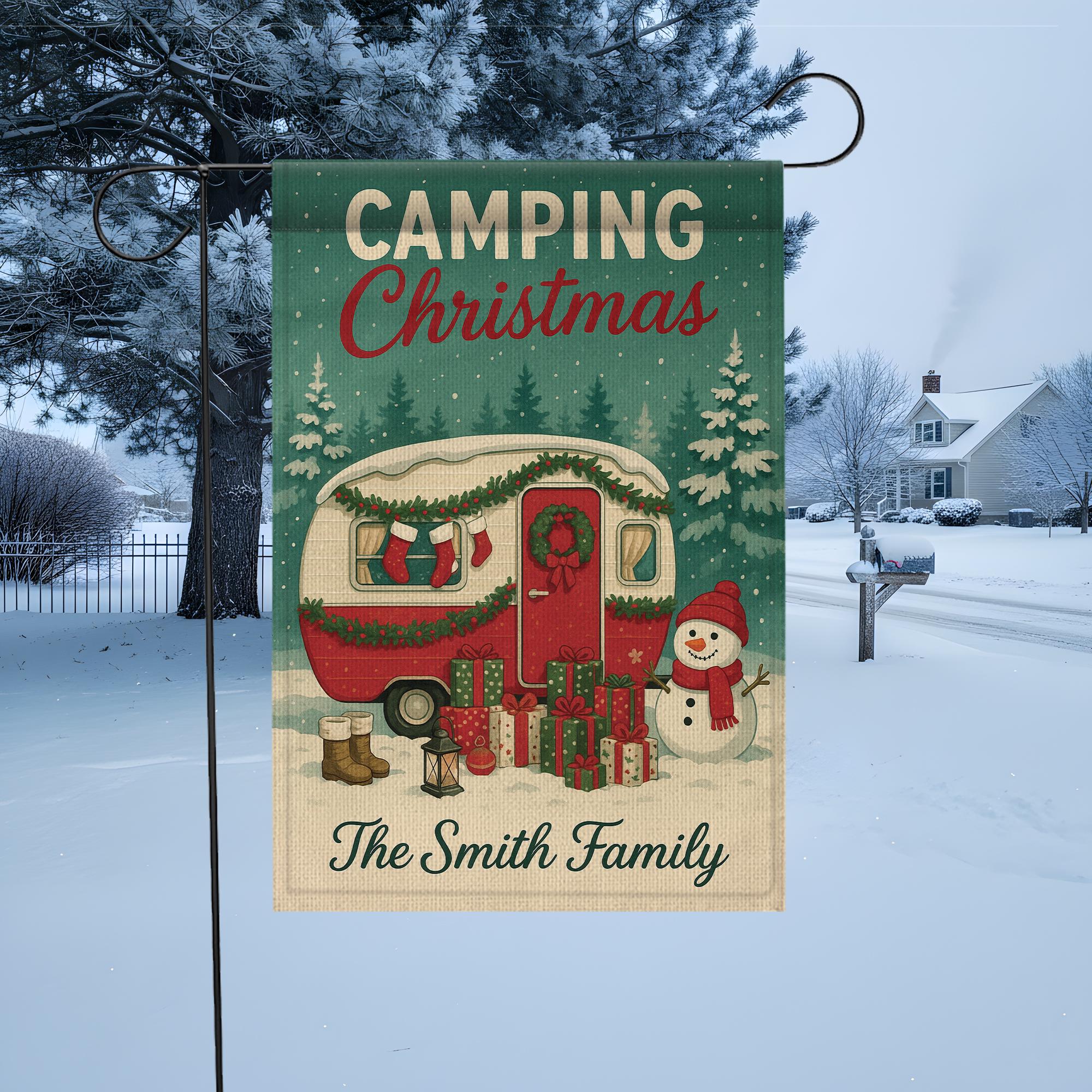Camping Christmas Garden Flag: Personalized Holiday Camper Yard Decor with Snowman