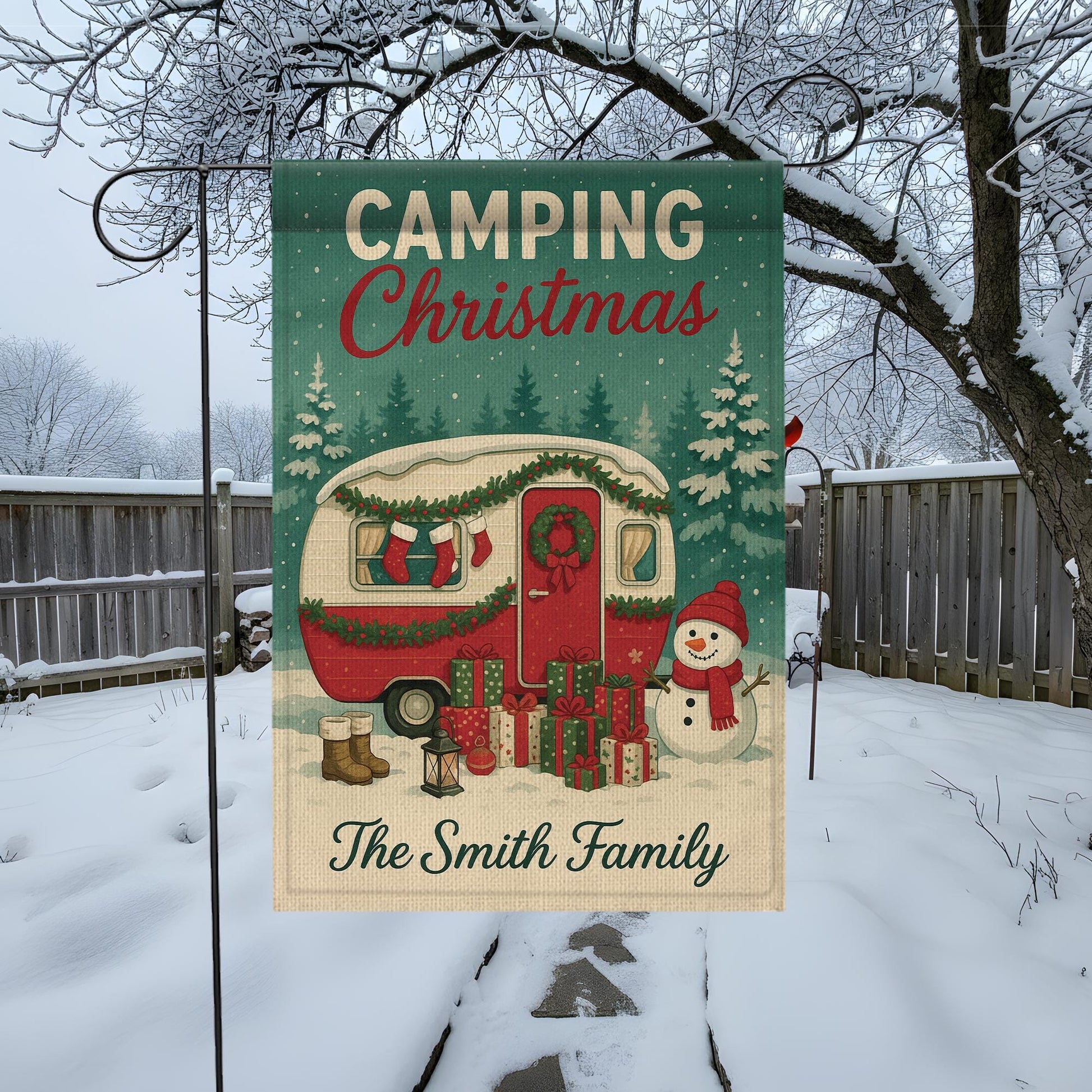 Camping Christmas Garden Flag: Personalized Holiday Camper Yard Decor with Snowman