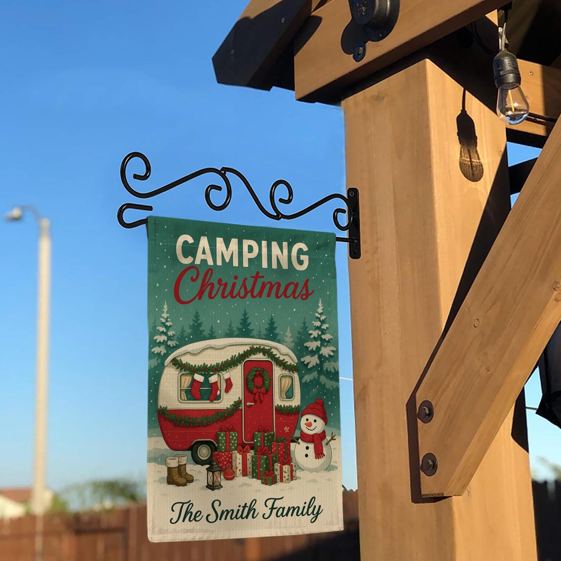 Camping Christmas Garden Flag: Personalized Holiday Camper Yard Decor with Snowman