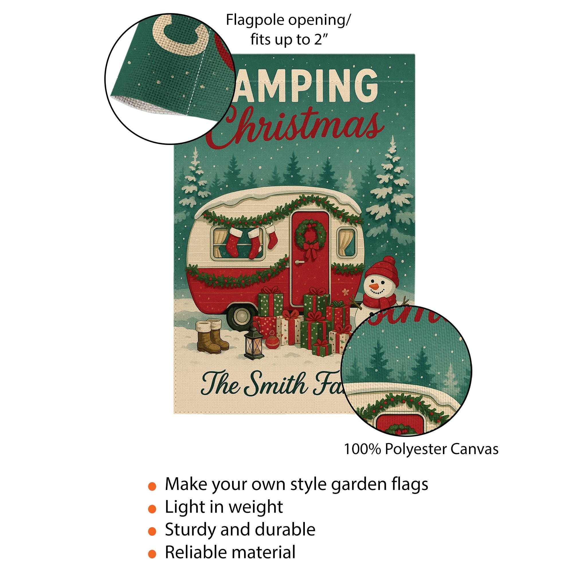 Camping Christmas Garden Flag: Personalized Holiday Camper Yard Decor with Snowman