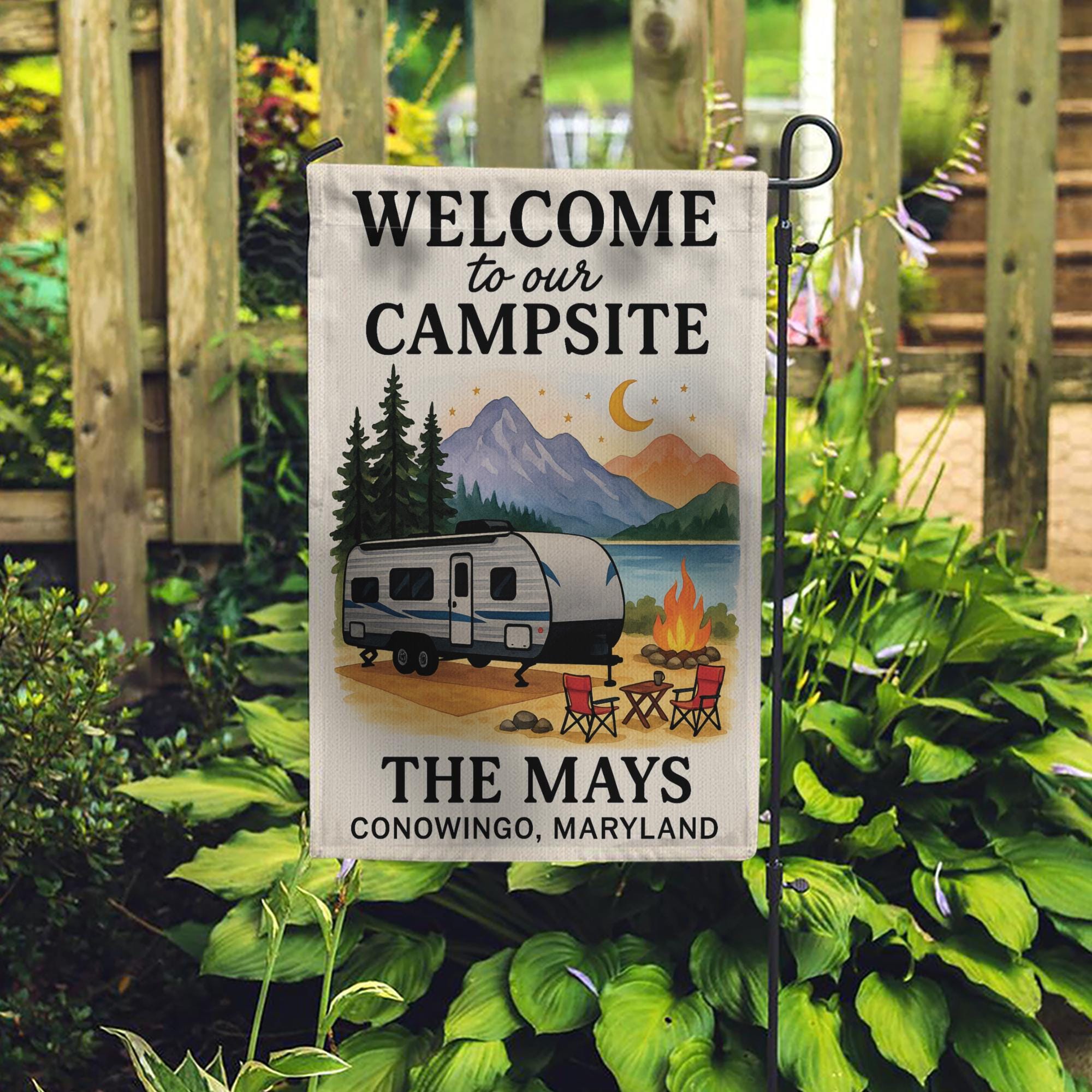 Welcome to Our Campsite Garden Flag: Personalized Camper Yard Sign with Mountains and Campfire