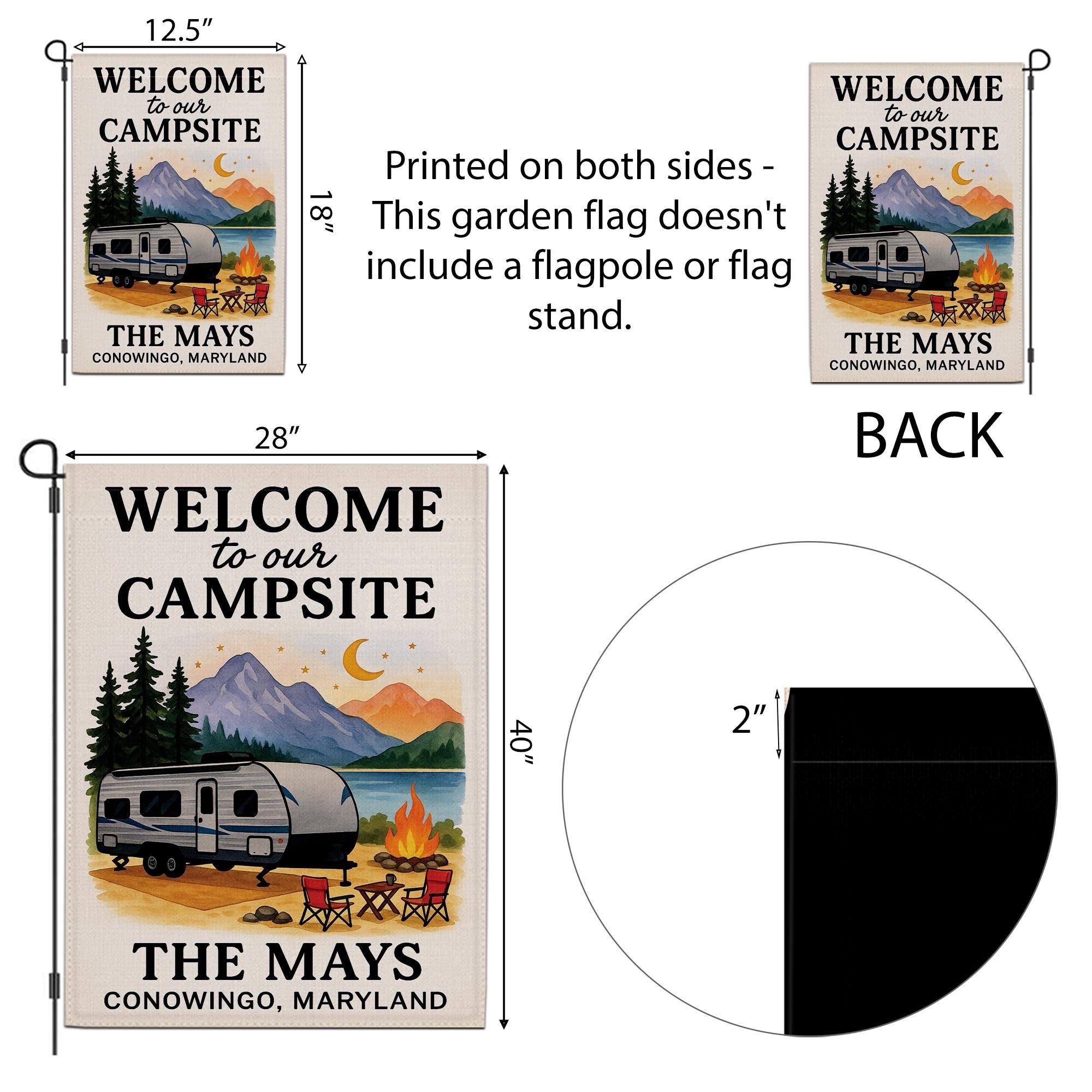 Welcome to Our Campsite Garden Flag: Personalized Camper Yard Sign with Mountains and Campfire