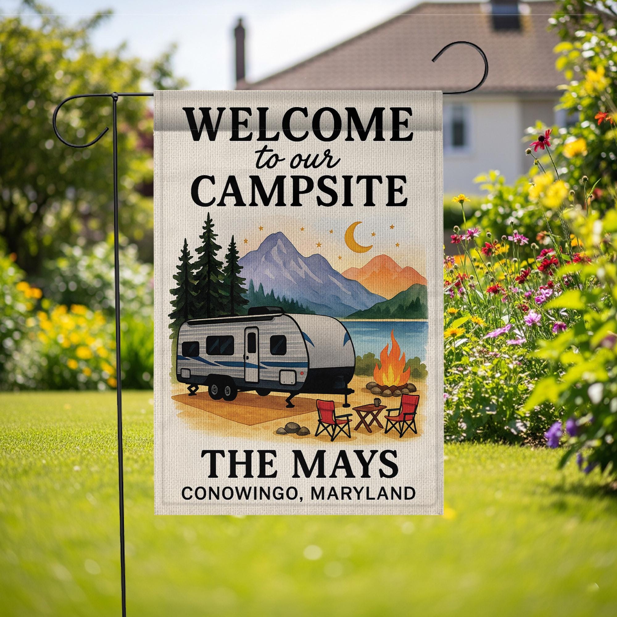 Welcome to Our Campsite Garden Flag: Personalized Camper Yard Sign with Mountains and Campfire