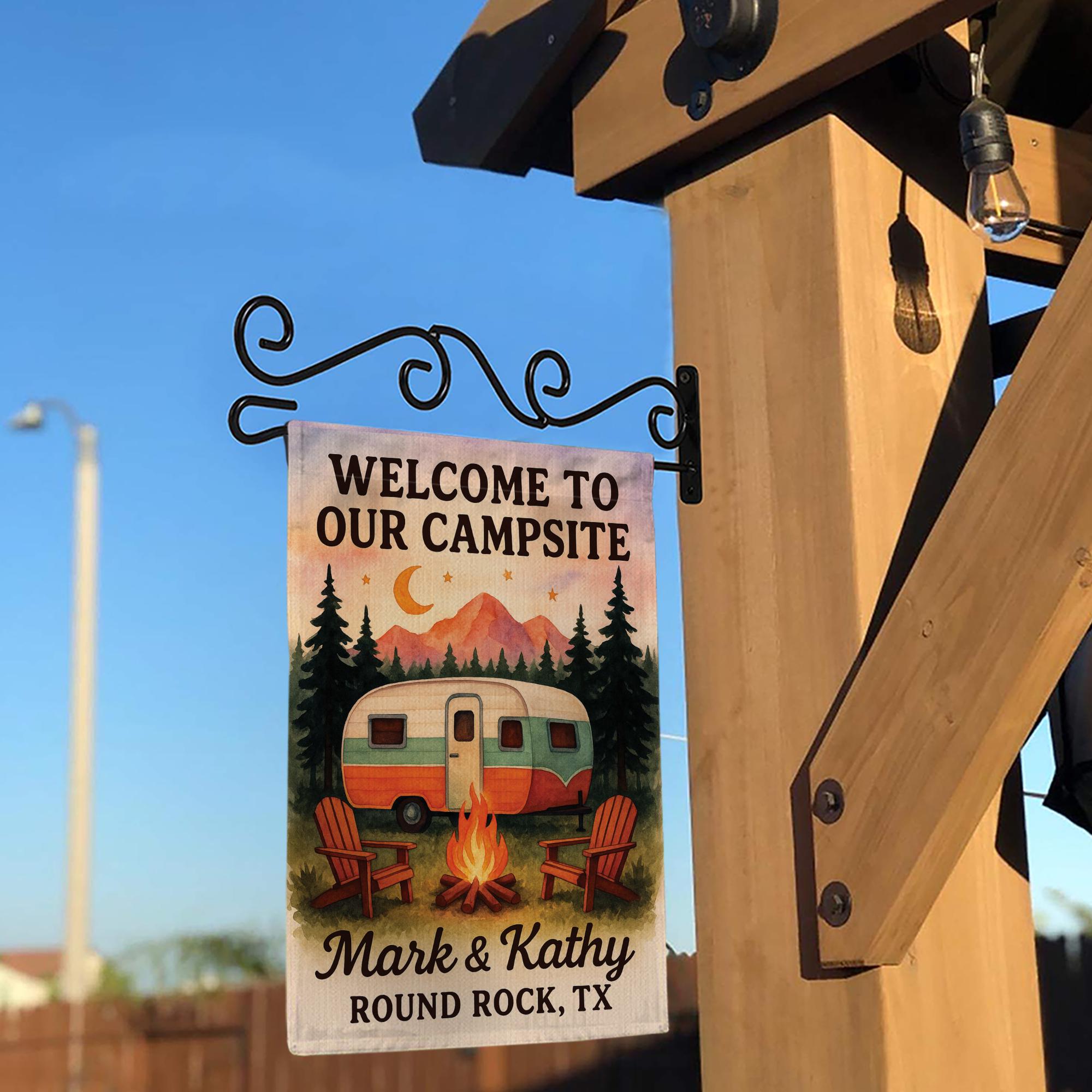 Welcome to Our Campsite Garden Flag: Personalized Camper Yard Decor with Campfire
