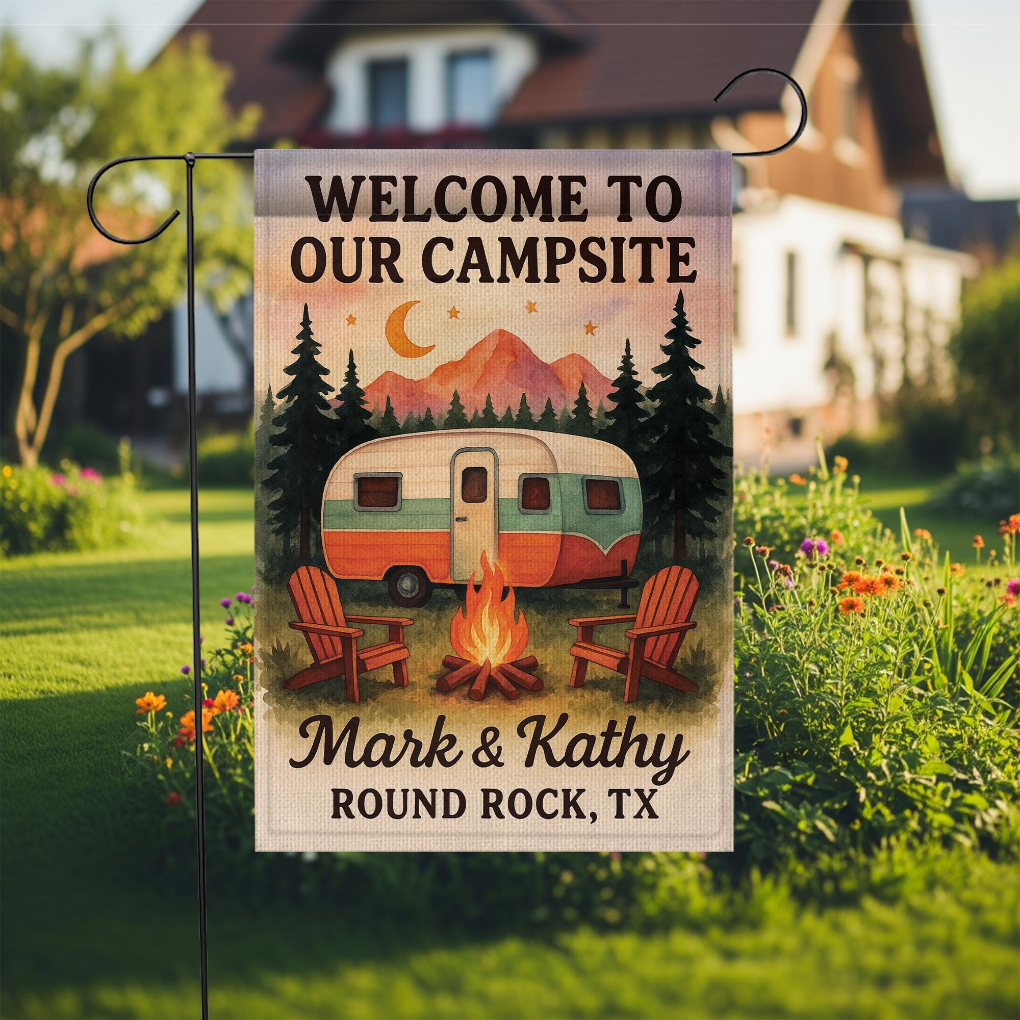Welcome to Our Campsite Garden Flag: Personalized Camper Yard Decor with Campfire