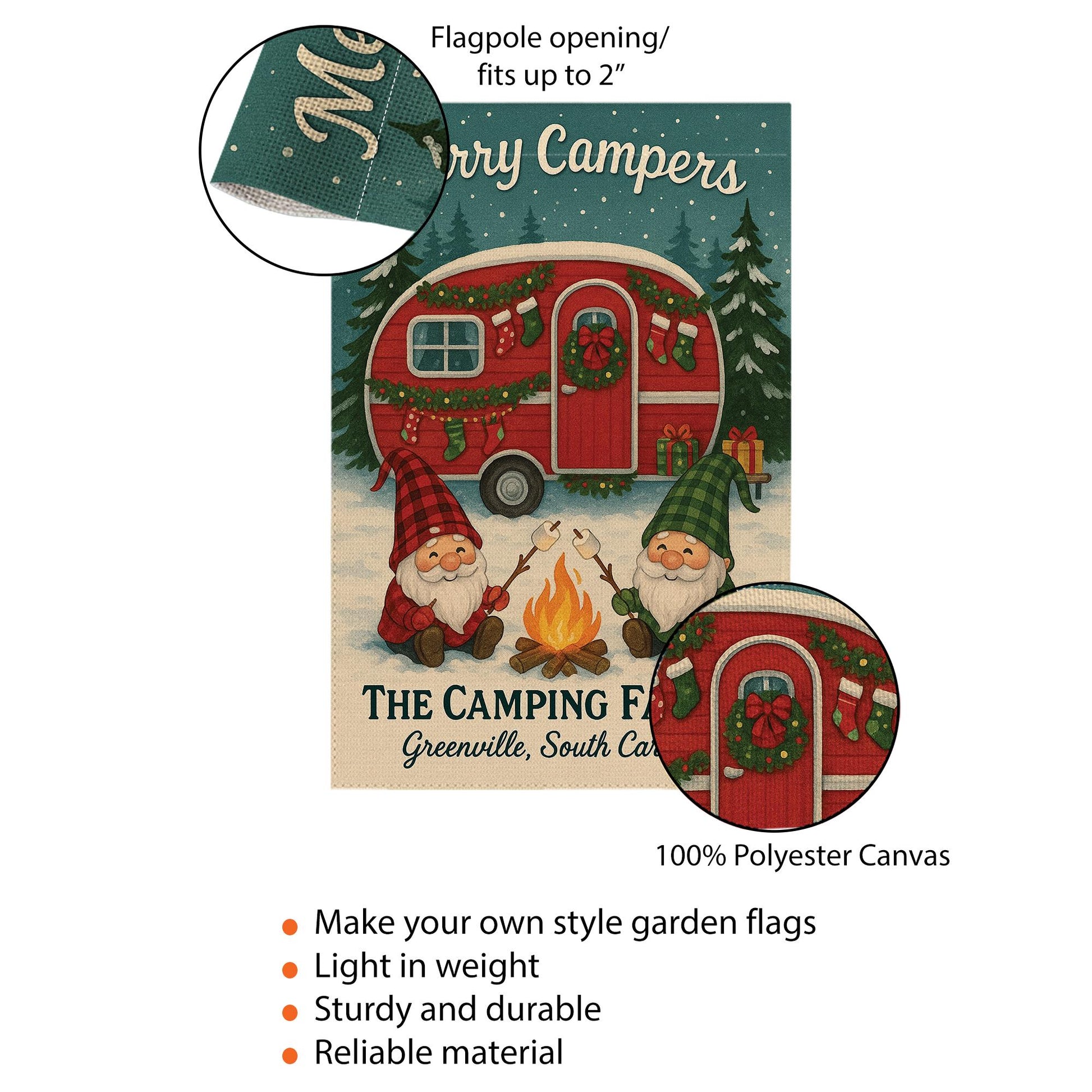 Merry Campers Christmas Garden Flag: Personalized Holiday Camper Yard Decor with Gnomes