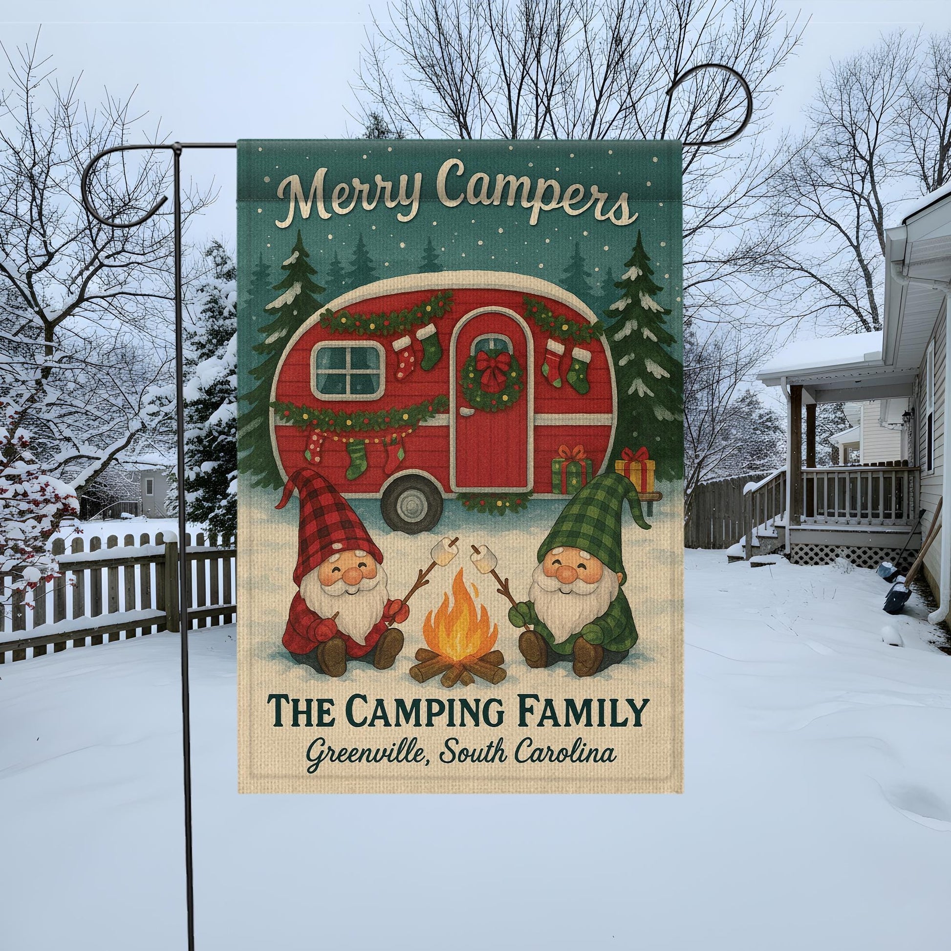 Merry Campers Christmas Garden Flag: Personalized Holiday Camper Yard Decor with Gnomes
