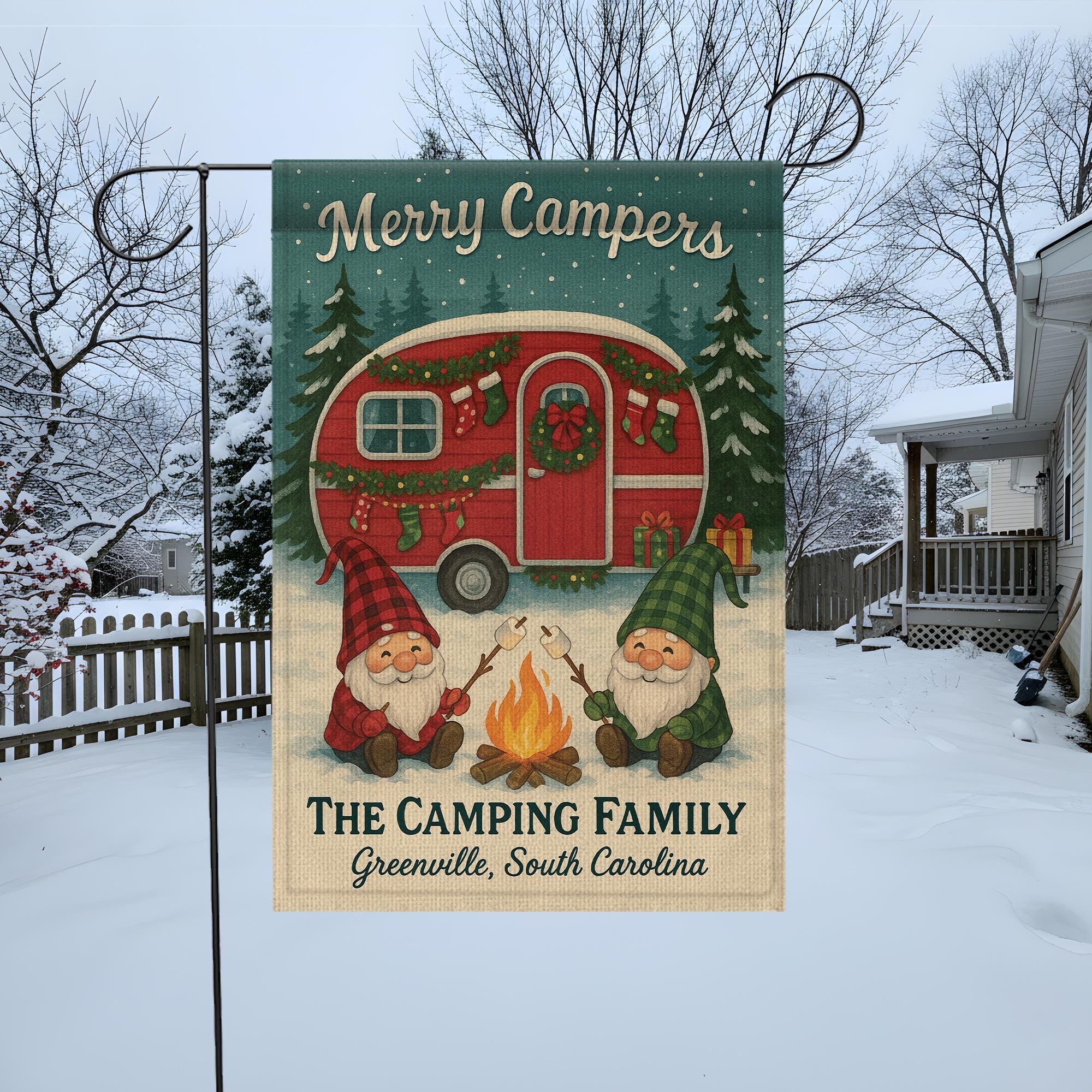 Merry Campers Christmas Garden Flag: Personalized Holiday Camper Yard Decor with Gnomes