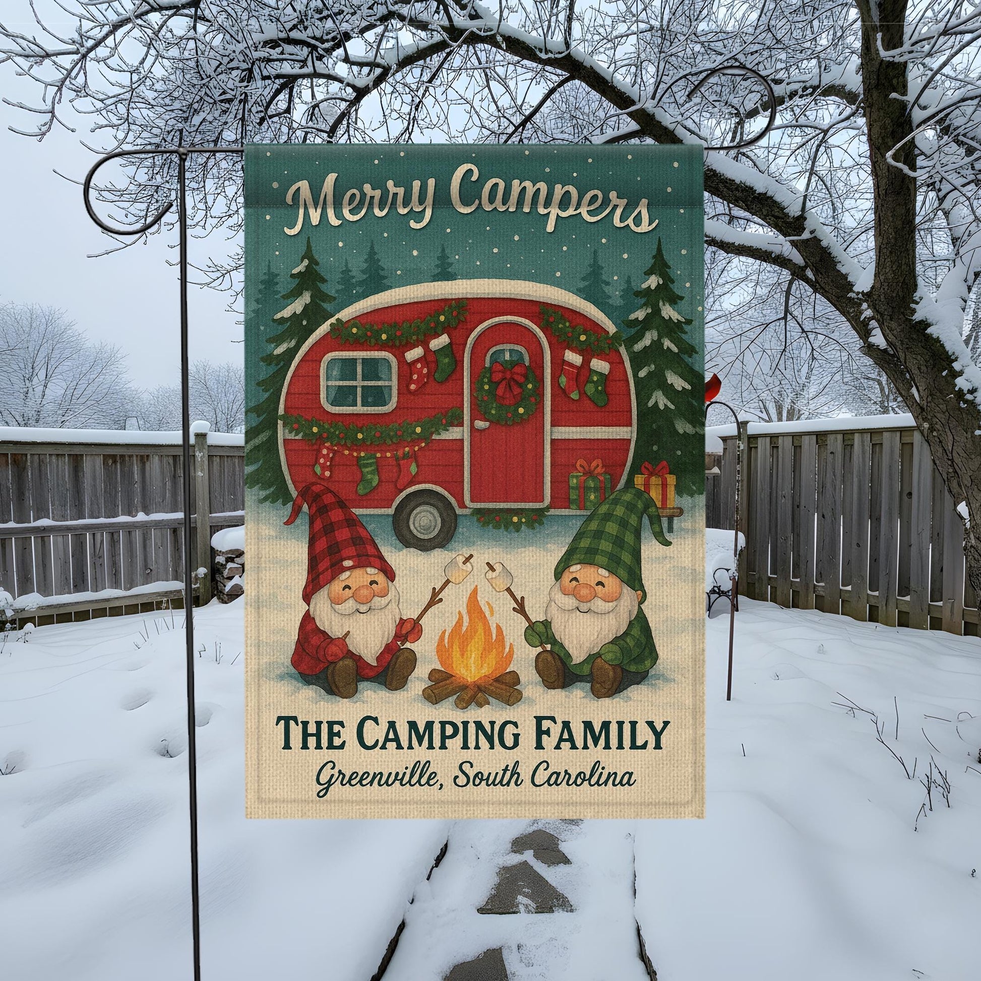 Merry Campers Christmas Garden Flag: Personalized Holiday Camper Yard Decor with Gnomes