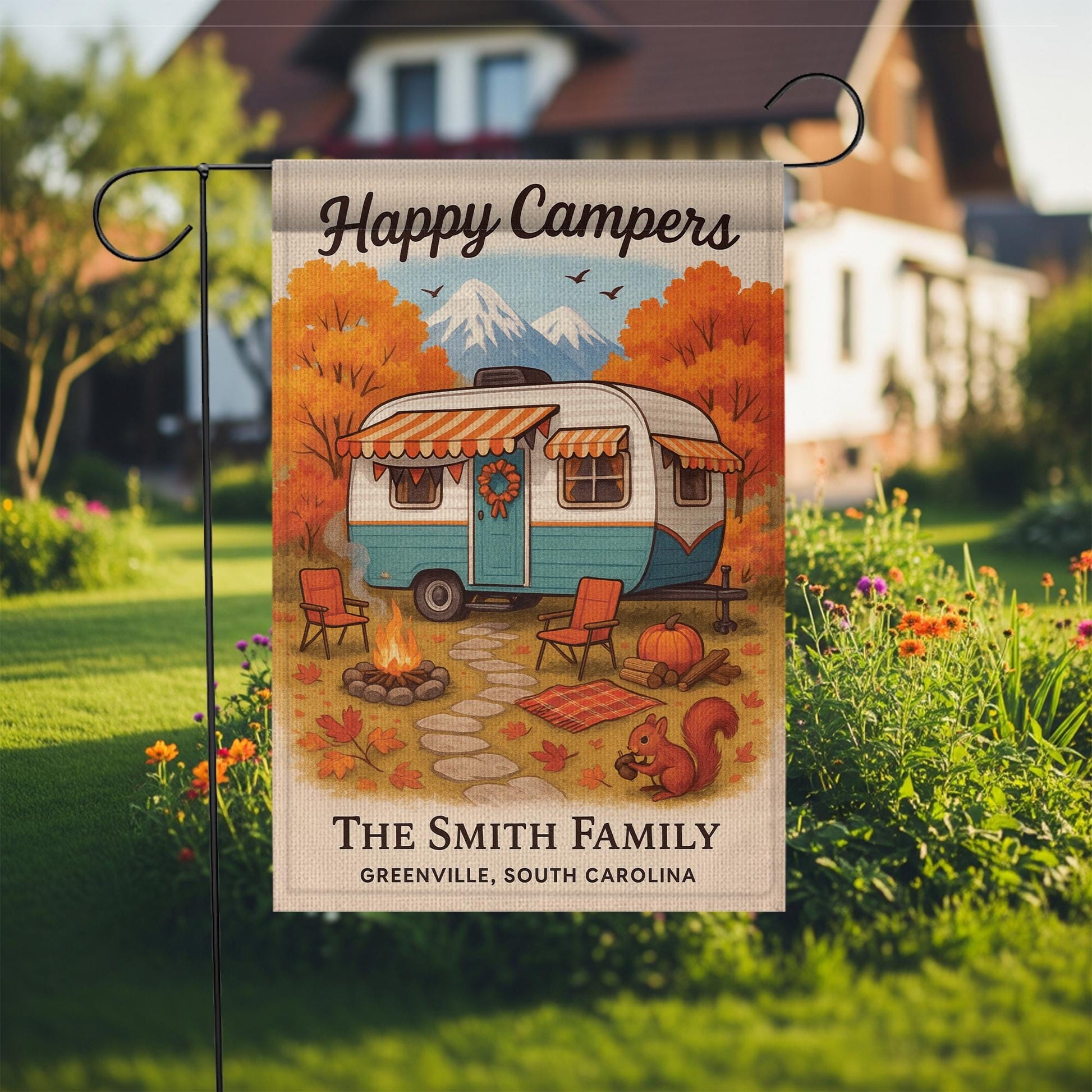 Happy Campers Garden Flag: Personalized Fall Camper Yard Decor with Mountains and Campfire