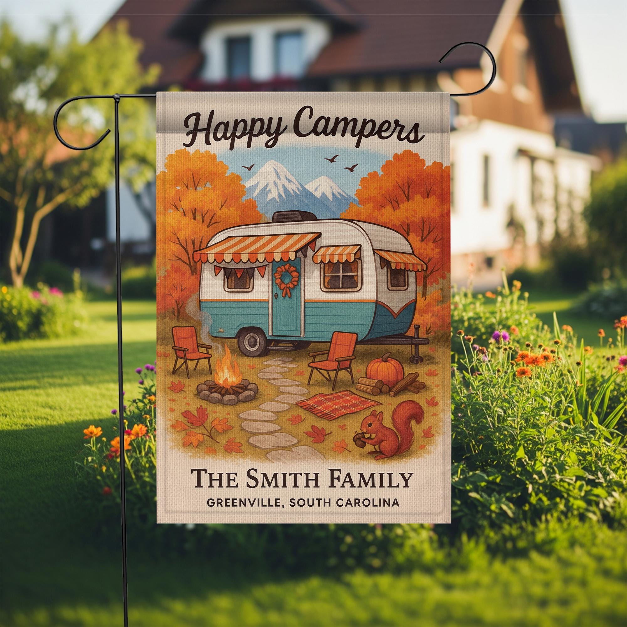 Happy Campers Garden Flag: Personalized Fall Camper Yard Decor with Mountains and Campfire