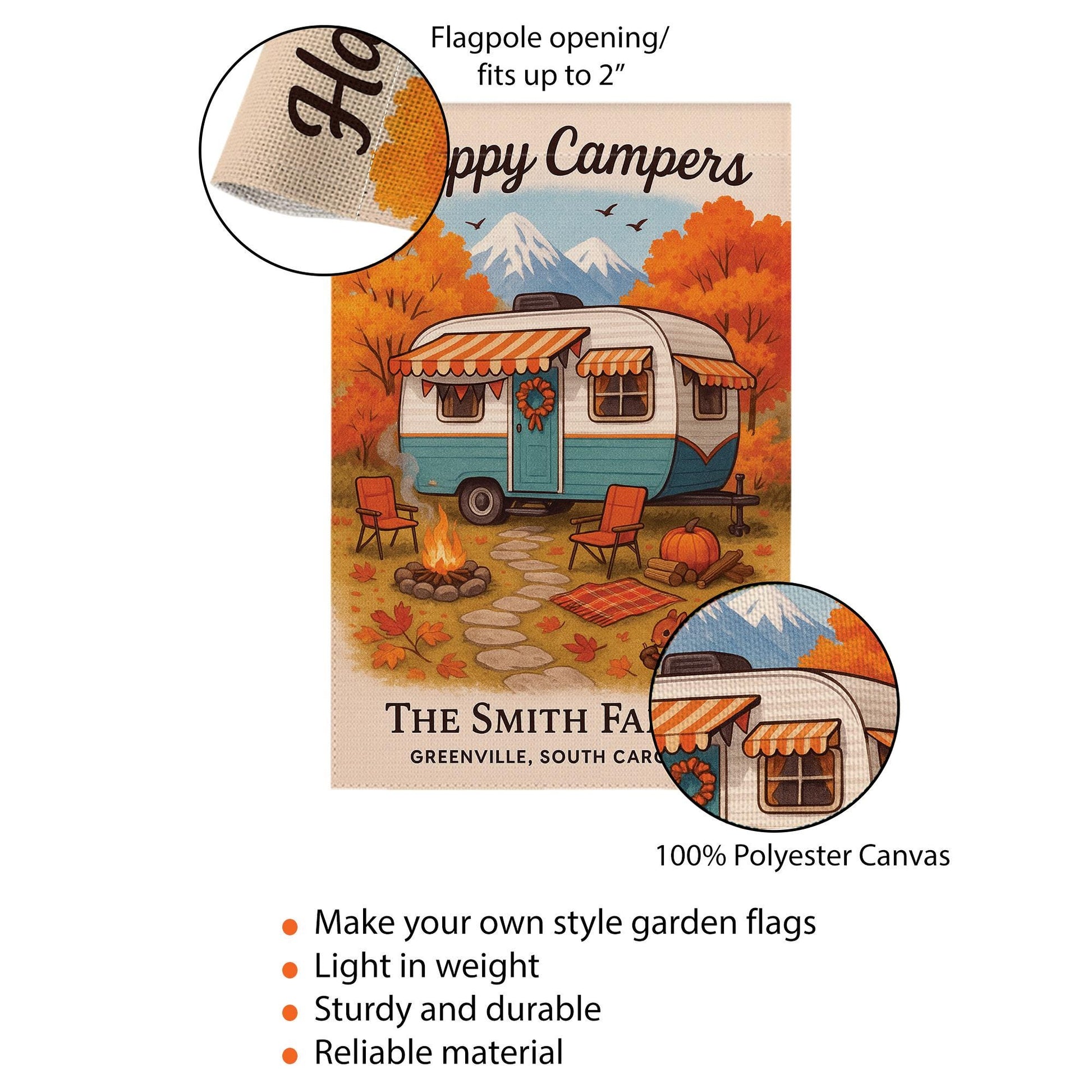 Happy Campers Garden Flag: Personalized Fall Camper Yard Decor with Mountains and Campfire