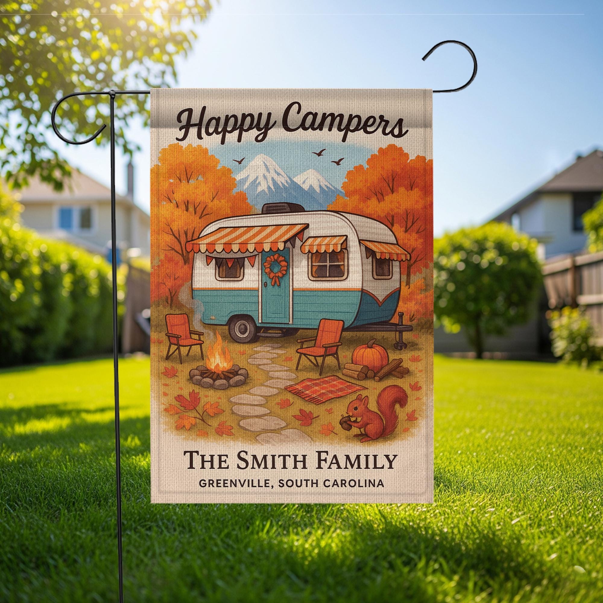 Happy Campers Garden Flag: Personalized Fall Camper Yard Decor with Mountains and Campfire