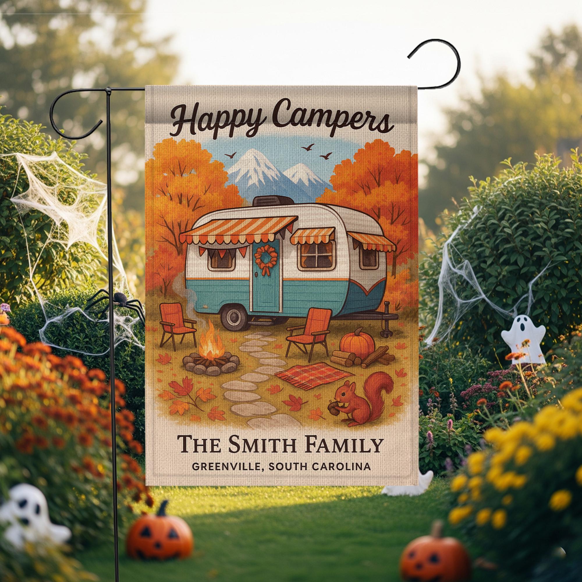 Happy Campers Garden Flag: Personalized Fall Camper Yard Decor with Mountains and Campfire