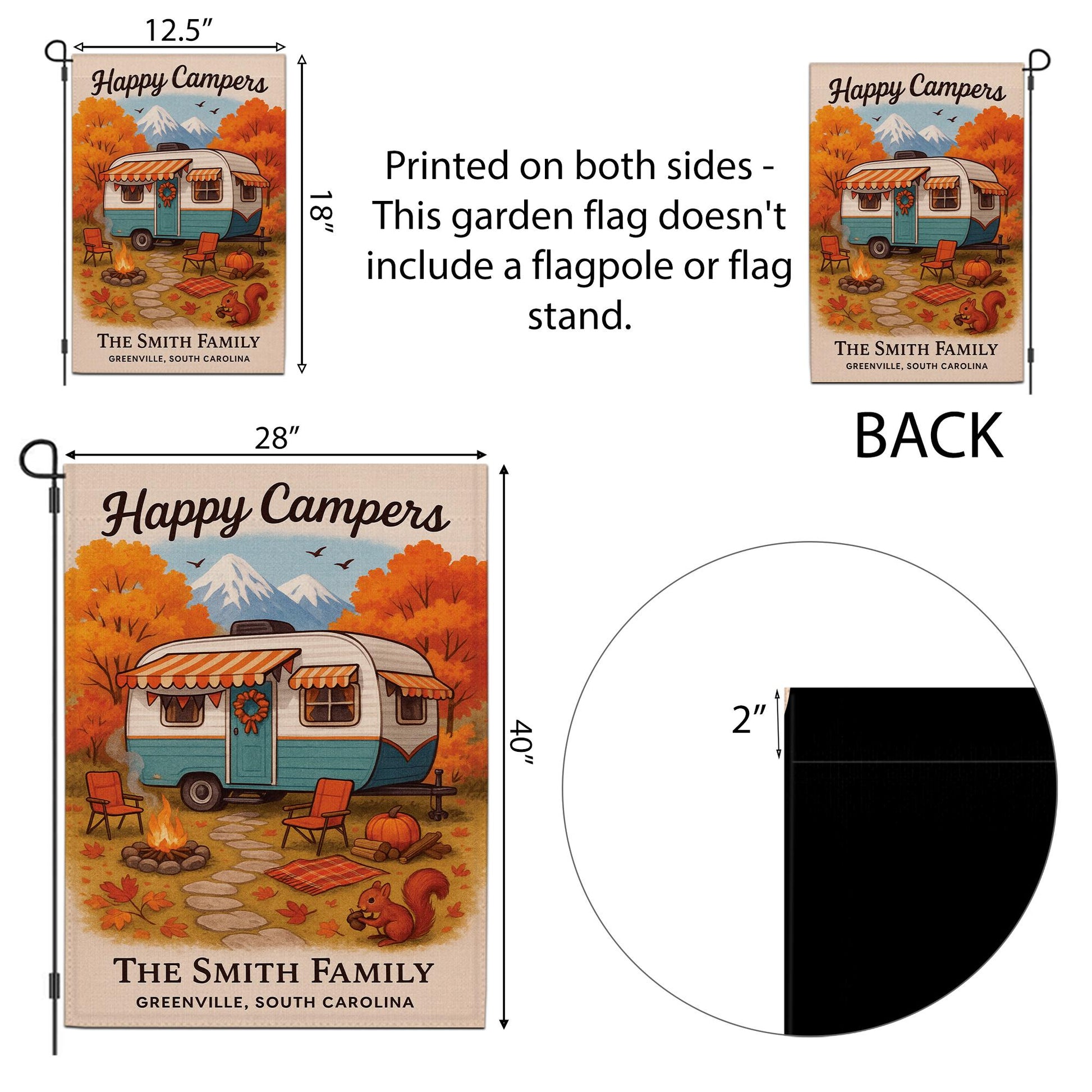 Happy Campers Garden Flag: Personalized Fall Camper Yard Decor with Mountains and Campfire