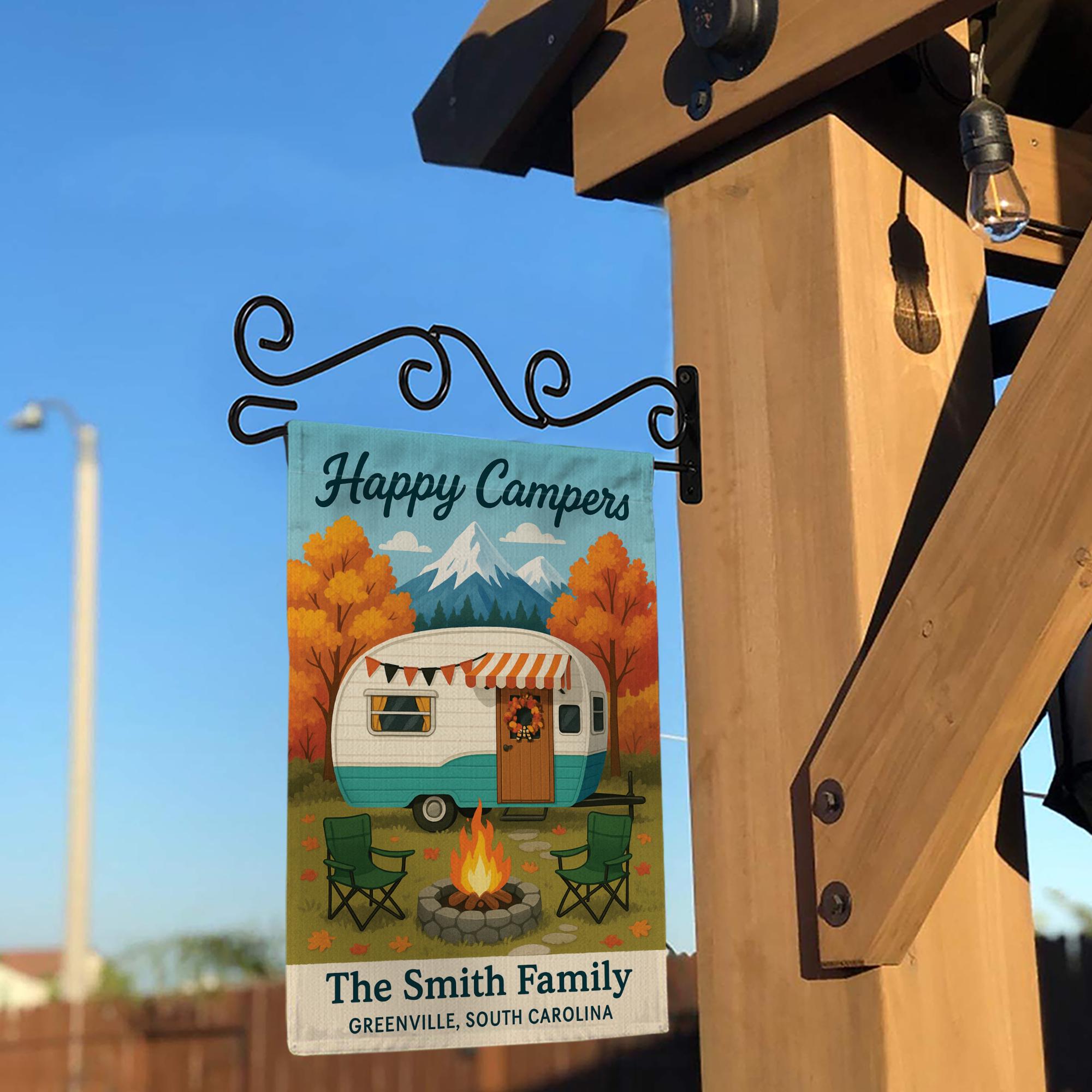 Happy Campers Garden Flag: Personalized Camper Yard Sign with Mountains and Campfire