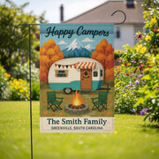 Happy Campers Garden Flag: Personalized Camper Yard Sign with Mountains and Campfire