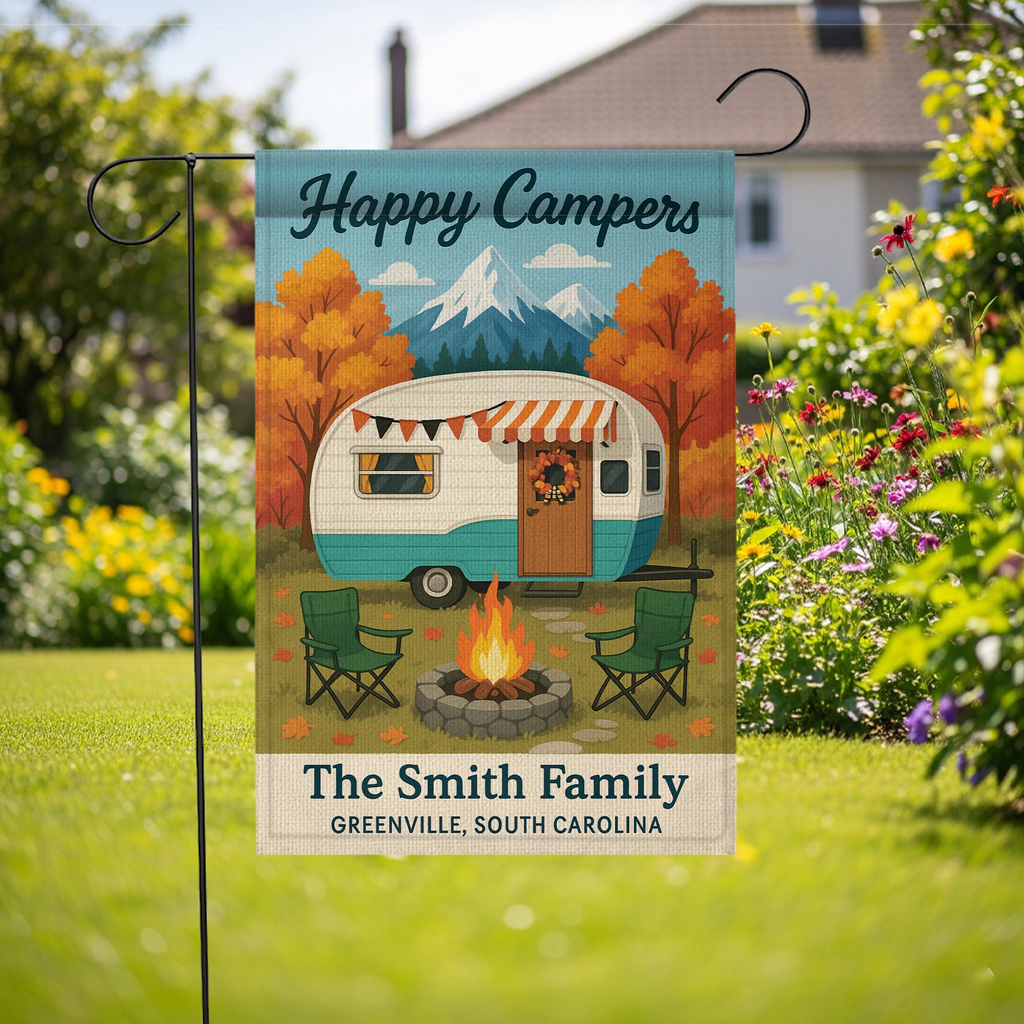 Happy Campers Garden Flag: Personalized Camper Yard Sign with Mountains and Campfire