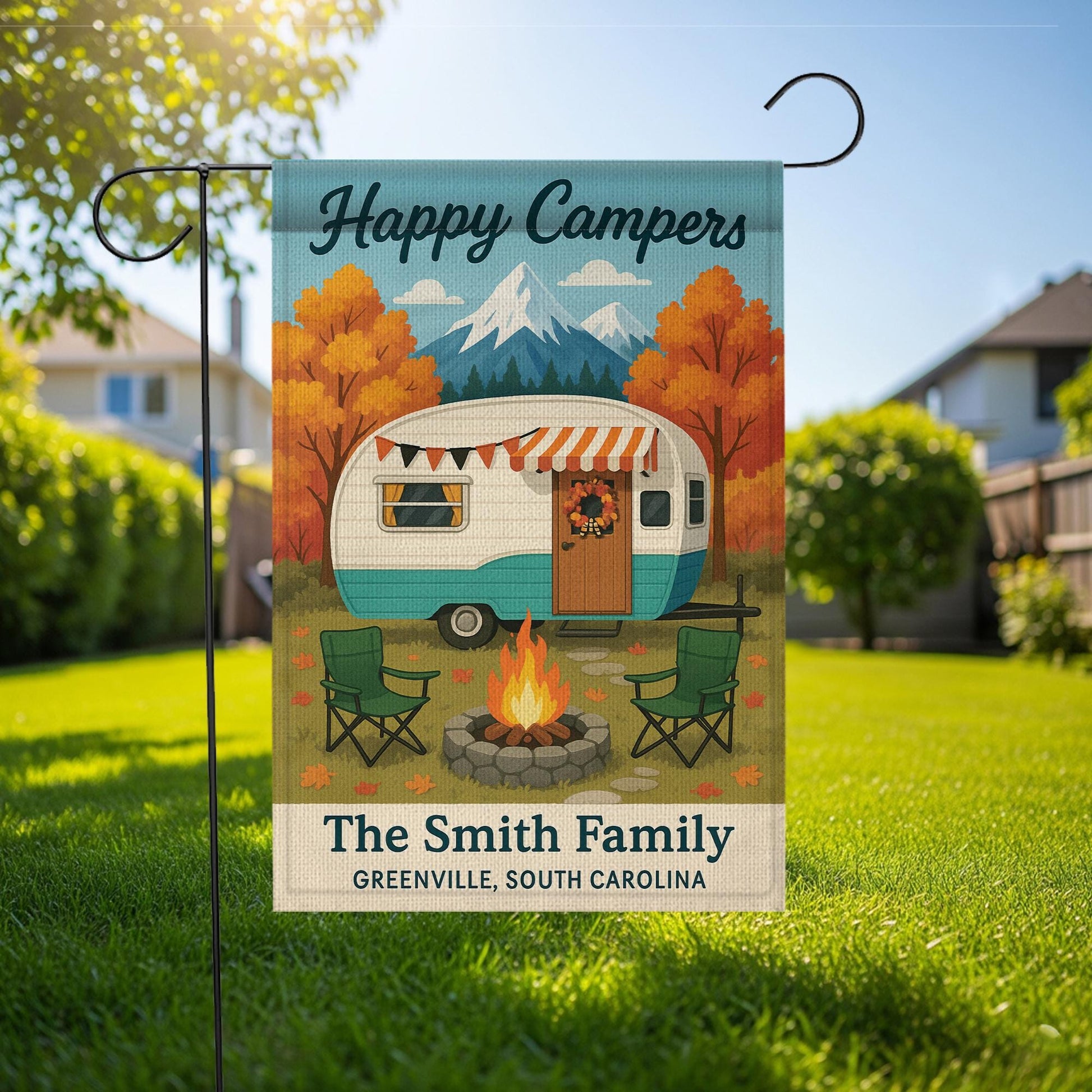 Happy Campers Garden Flag: Personalized Camper Yard Sign with Mountains and Campfire