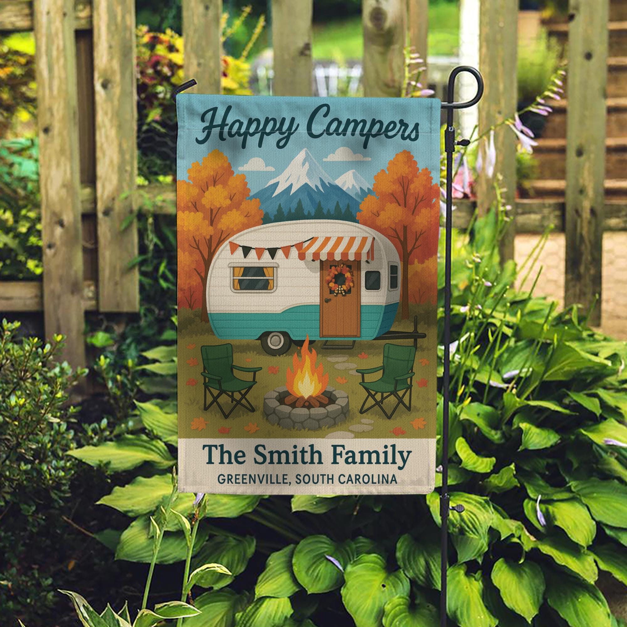 Happy Campers Garden Flag: Personalized Camper Yard Sign with Mountains and Campfire
