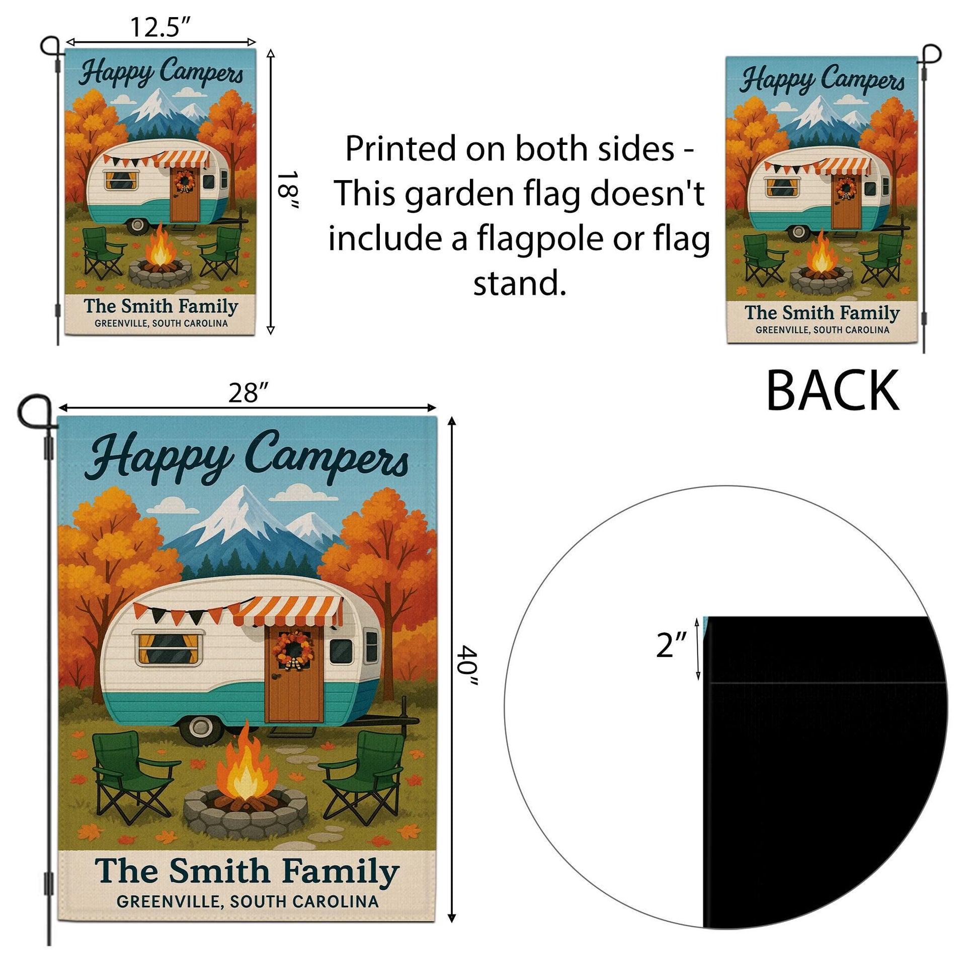 Happy Campers Garden Flag: Personalized Camper Yard Sign with Mountains and Campfire