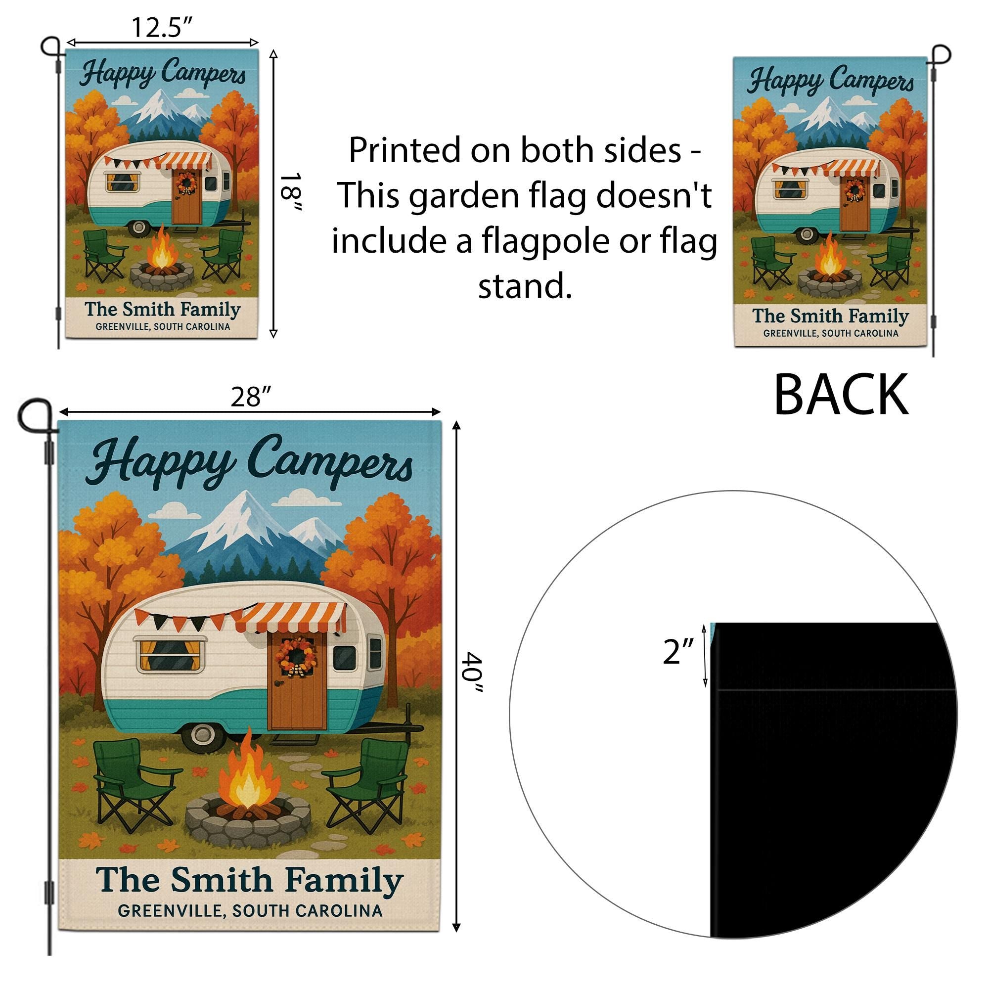 Happy Campers Garden Flag: Personalized Camper Yard Sign with Mountains and Campfire