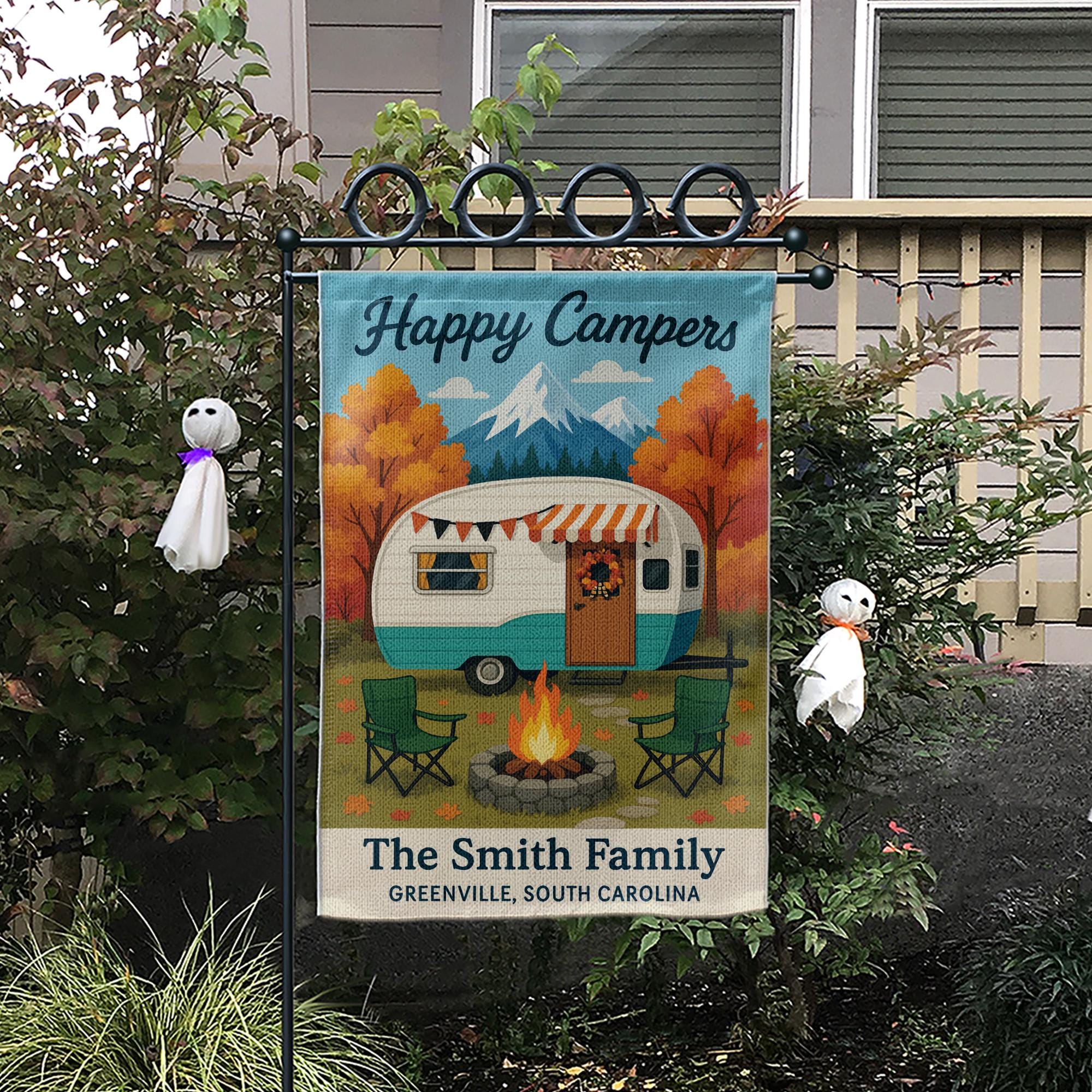 Happy Campers Garden Flag: Personalized Camper Yard Sign with Mountains and Campfire