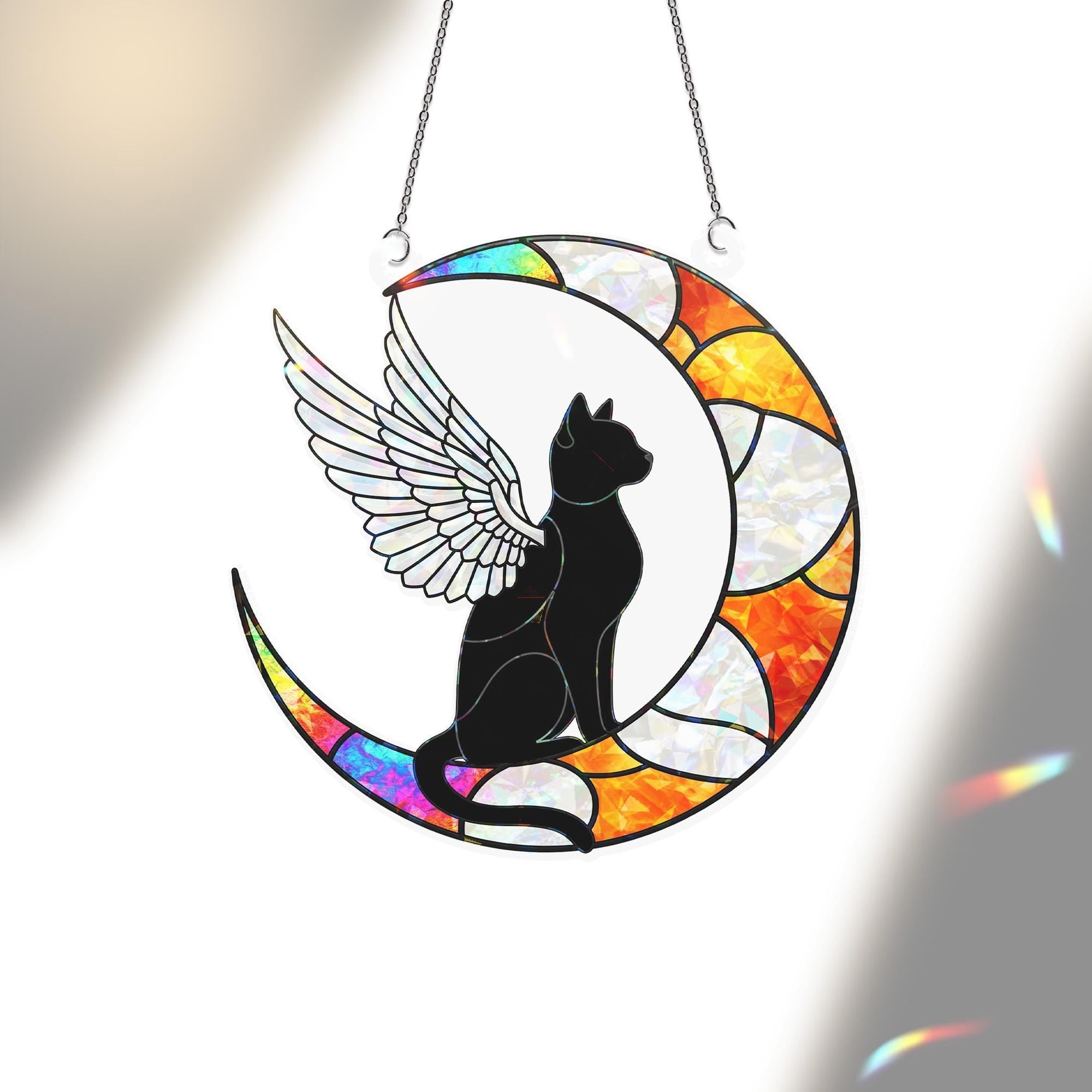 Cat Angel Moon Hologram Window Hanging: Fauxed Stained Glass Look Suncatcher