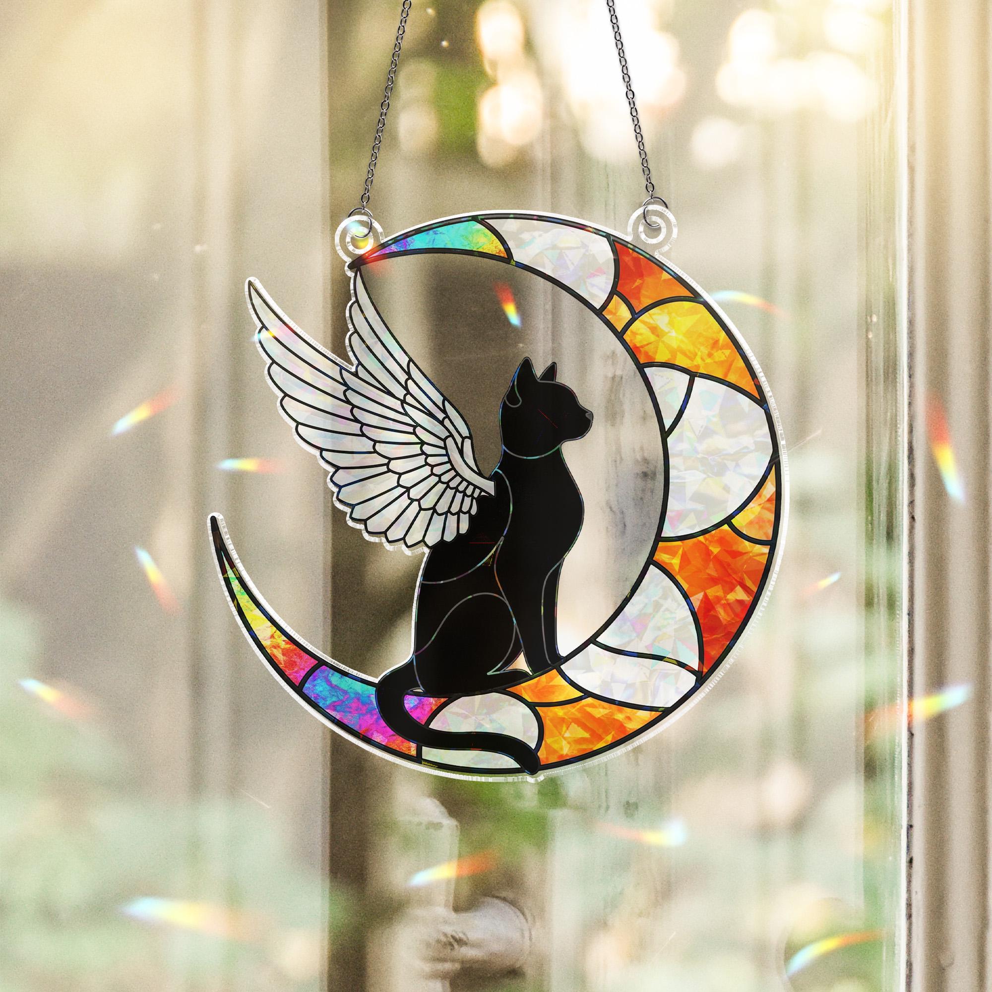 Cat Angel Moon Hologram Window Hanging: Fauxed Stained Glass Look Suncatcher