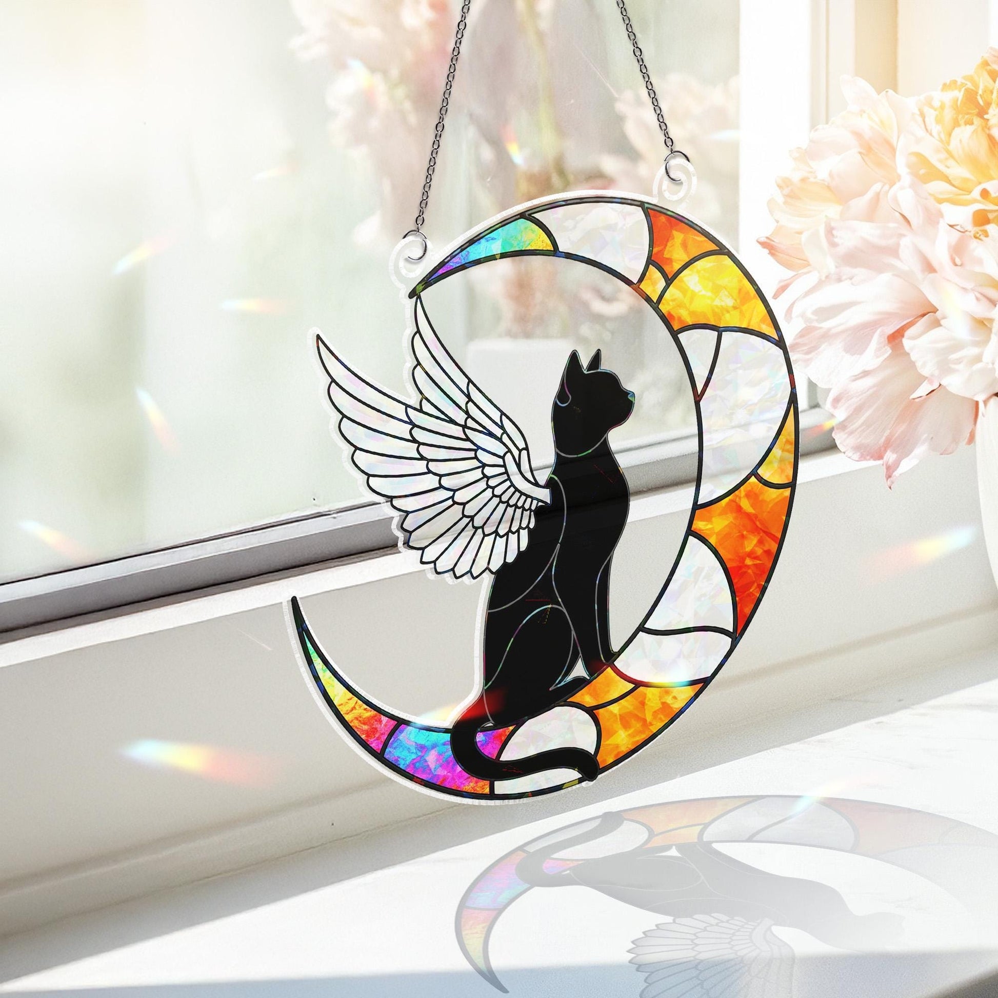 Cat Angel Moon Hologram Window Hanging: Fauxed Stained Glass Look Suncatcher