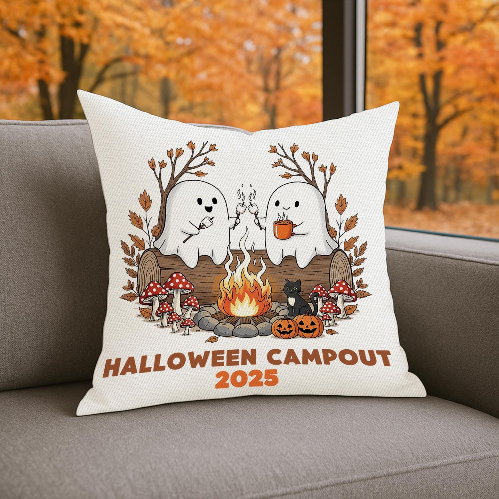 Halloween Campout Pillow Cover 2025 | Cute Ghost Campfire Cushion | Spooky Fall Throw Pillow | Rustic Halloween Camping Decor