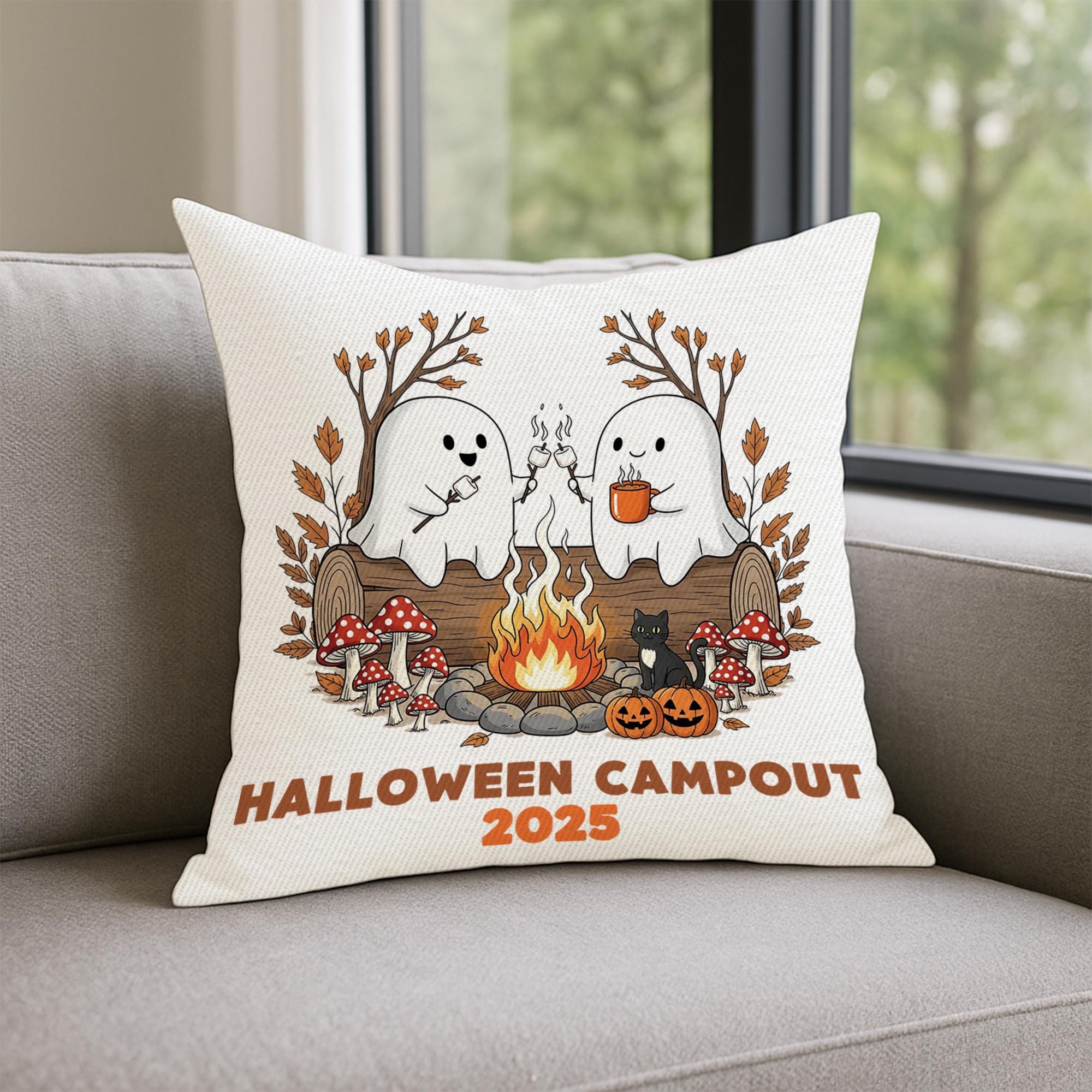 Halloween Campout Pillow Cover 2025 | Cute Ghost Campfire Cushion | Spooky Fall Throw Pillow | Rustic Halloween Camping Decor