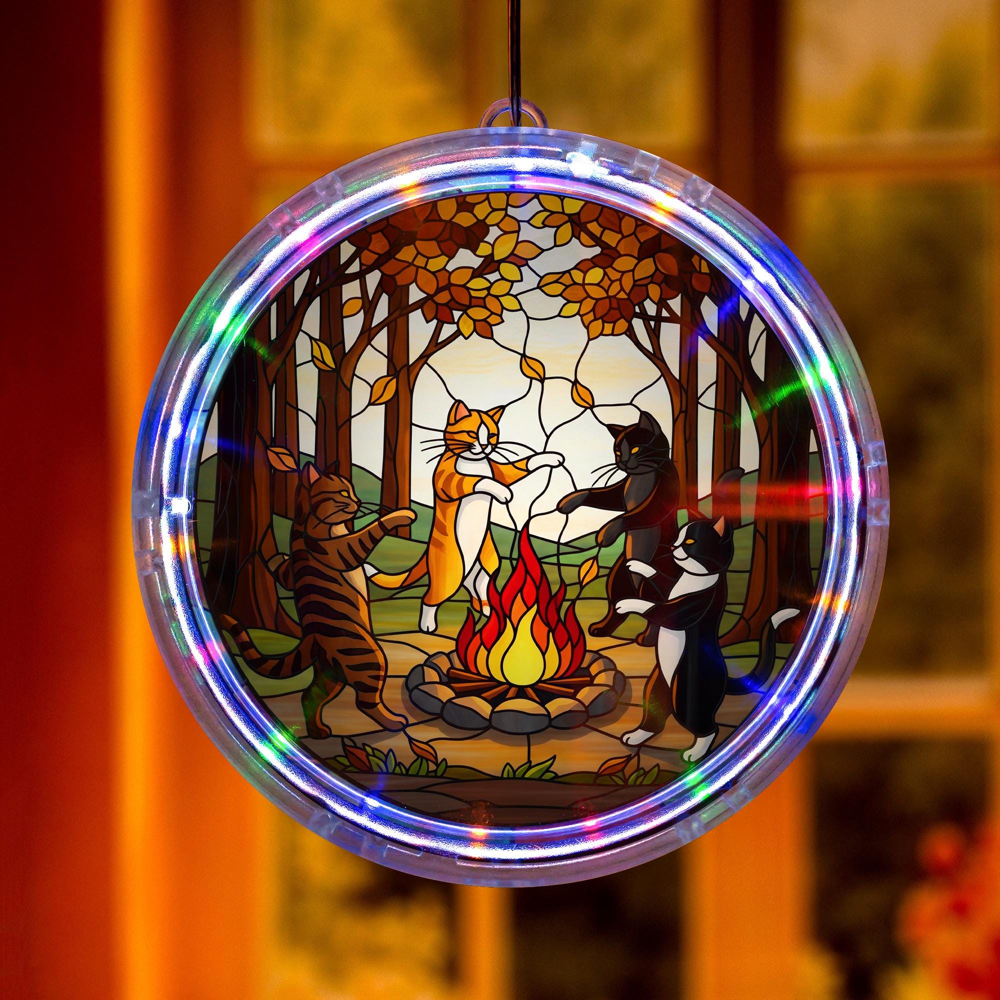 LED Cat Hanging Light | Acrylic autumn Cat led light| Colorful LED Window Hanging | Cat Lover Home Decor Gift