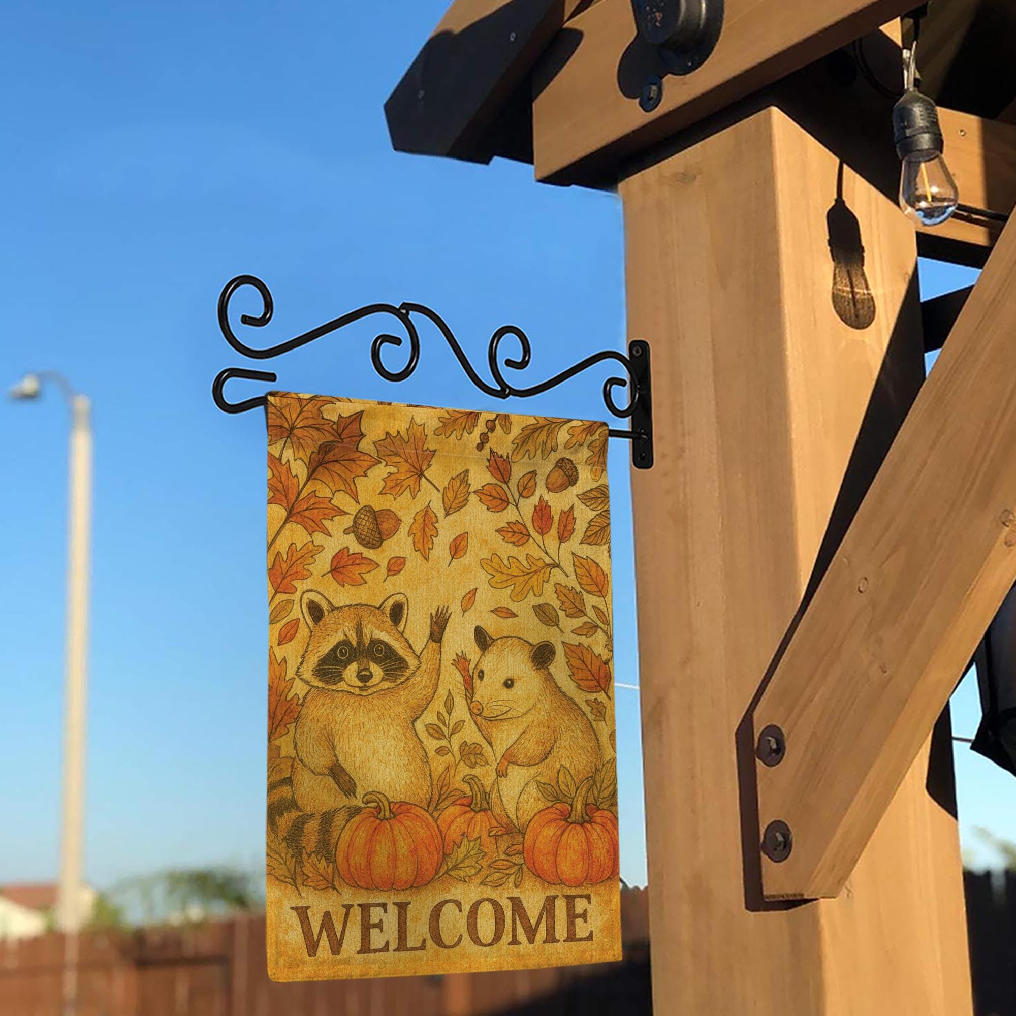 Fall Welcome Garden Flag | Rustic Woodland Animal Yard Flag | Autumn Outdoor Decor with Pumpkins | Cute Raccoon & Opossum Banner
