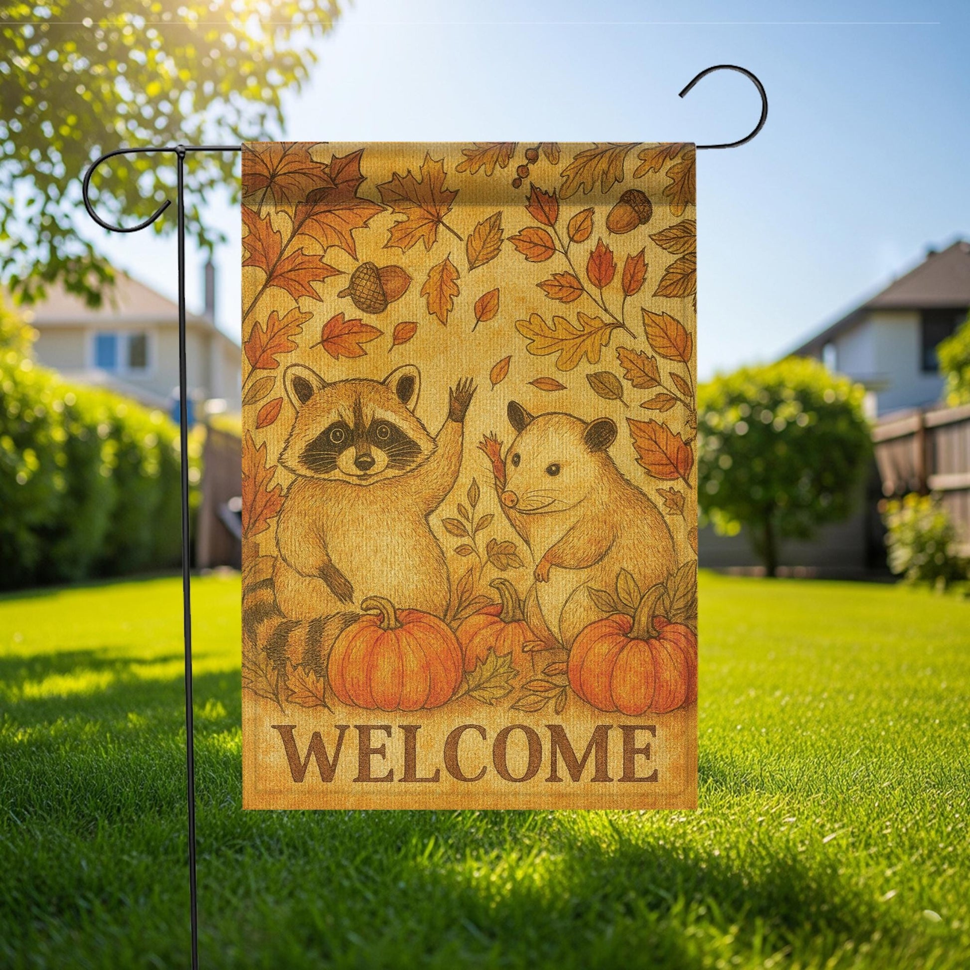 Fall Welcome Garden Flag | Rustic Woodland Animal Yard Flag | Autumn Outdoor Decor with Pumpkins | Cute Raccoon & Opossum Banner