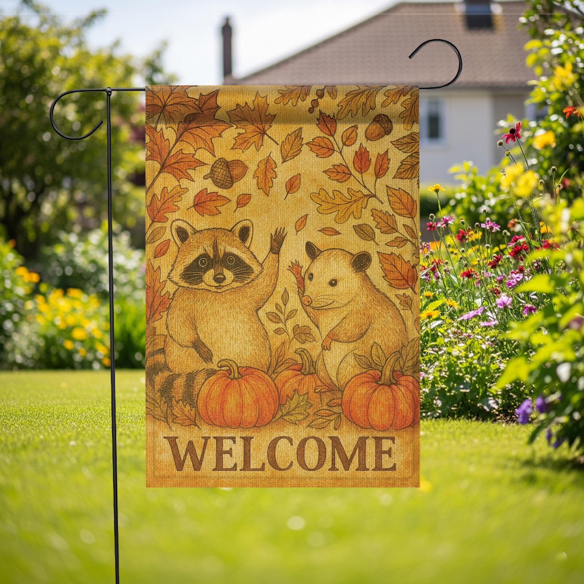 Fall Welcome Garden Flag | Rustic Woodland Animal Yard Flag | Autumn Outdoor Decor with Pumpkins | Cute Raccoon & Opossum Banner