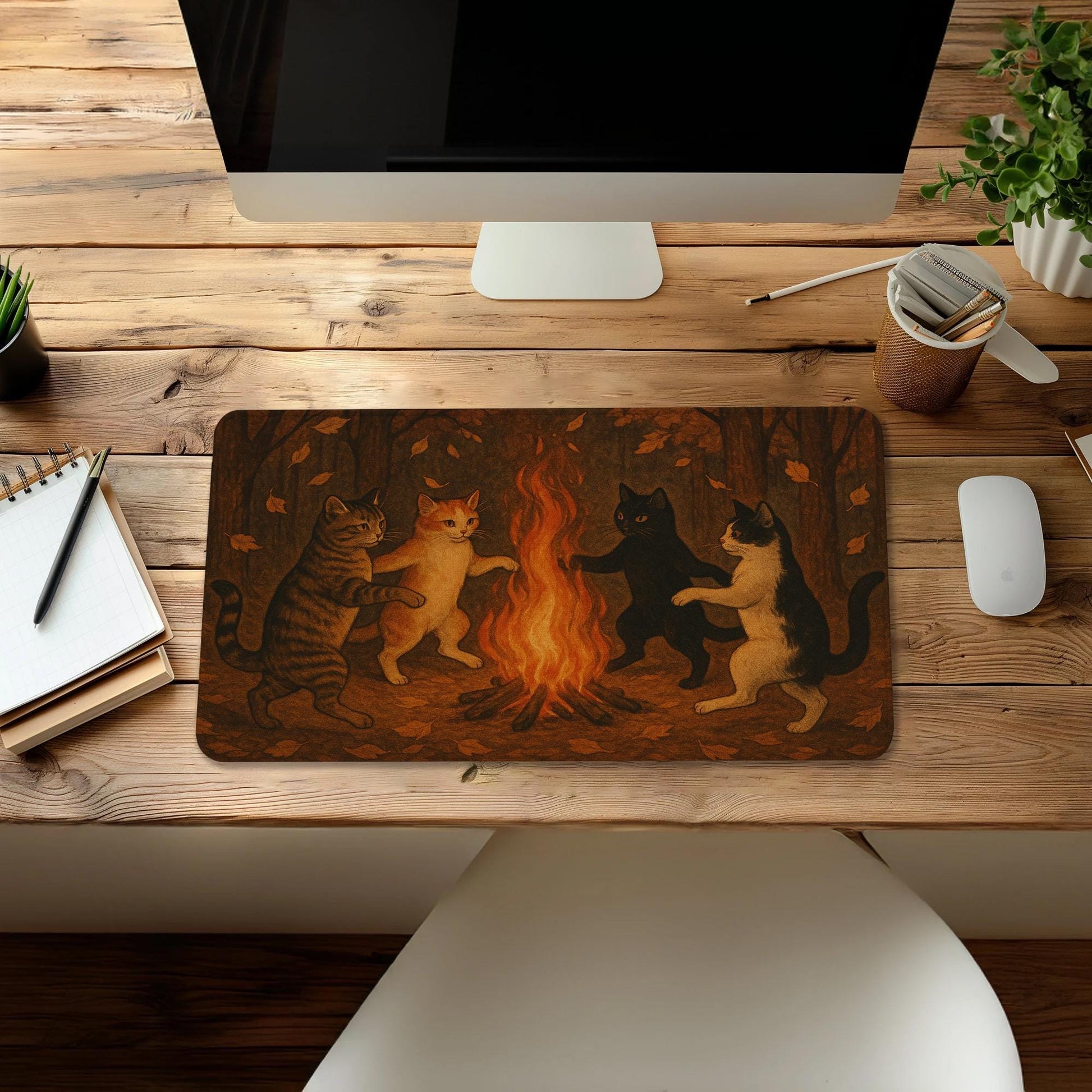 Cat Mouse Pad | Cozy Bonfire Cat Desk Mat | Gothic Witchy Office Decor | Cute Cat Lover Gift | Spooky Aesthetic Mousepad