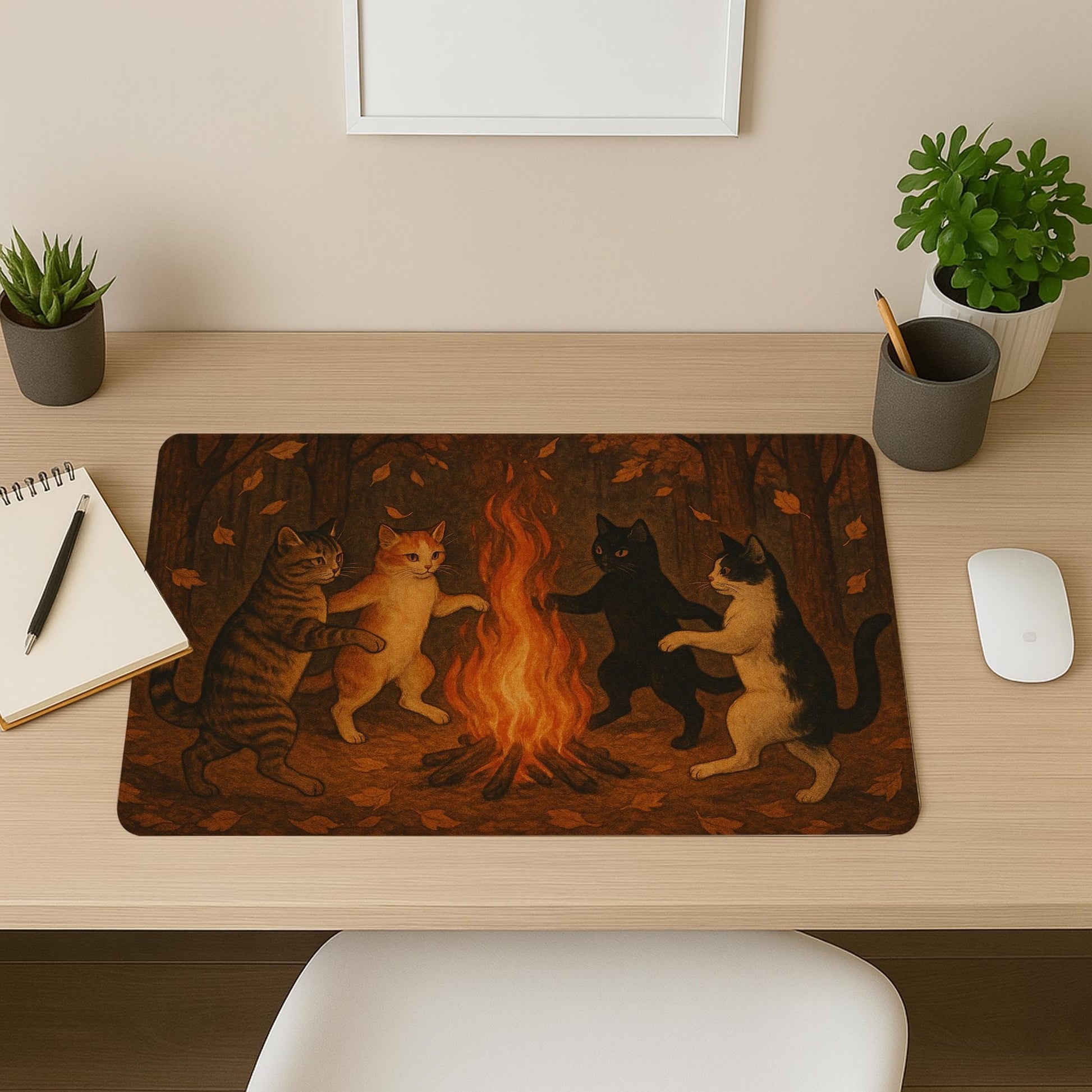Cat Mouse Pad | Cozy Bonfire Cat Desk Mat | Gothic Witchy Office Decor | Cute Cat Lover Gift | Spooky Aesthetic Mousepad