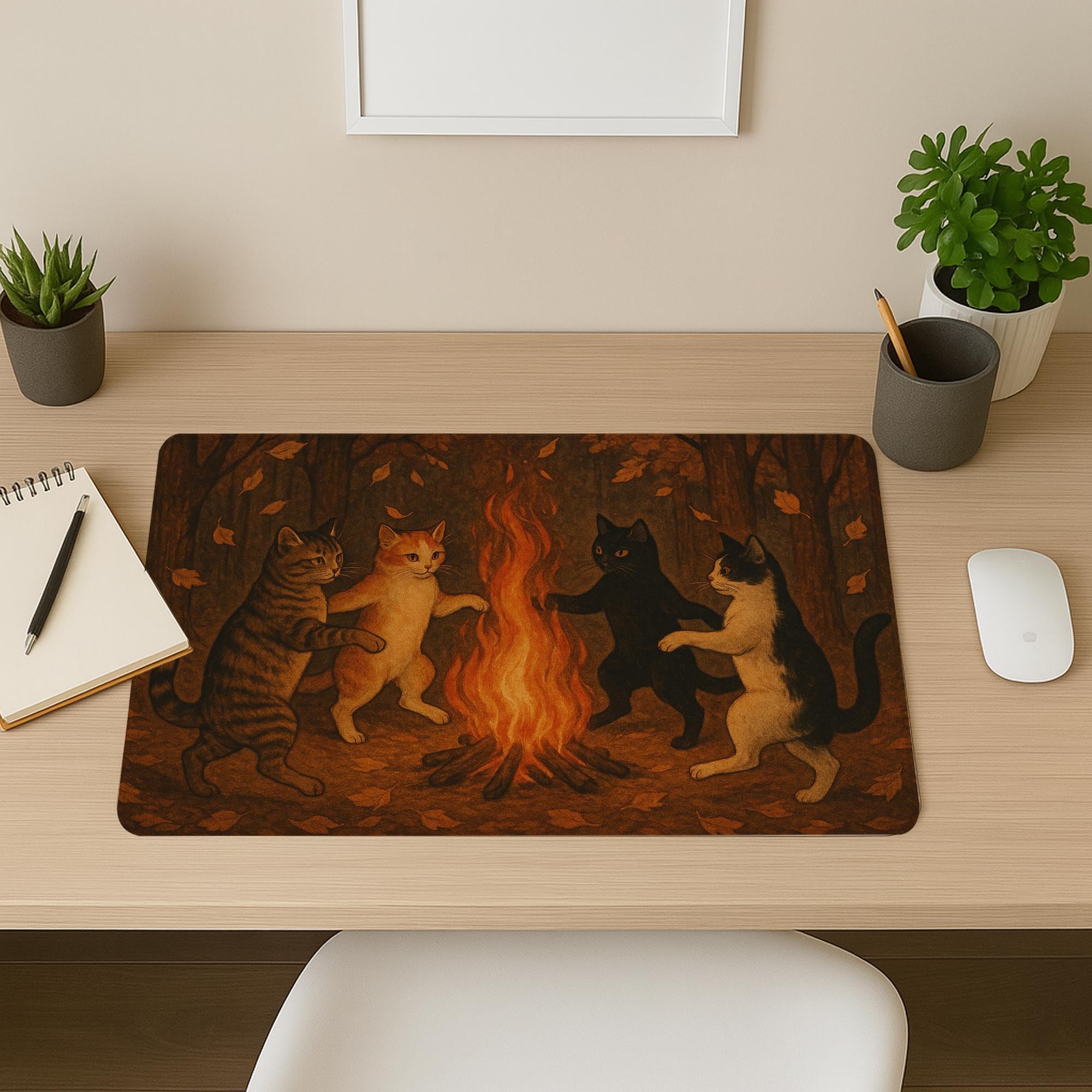 Cat Mouse Pad | Cozy Bonfire Cat Desk Mat | Gothic Witchy Office Decor | Cute Cat Lover Gift | Spooky Aesthetic Mousepad
