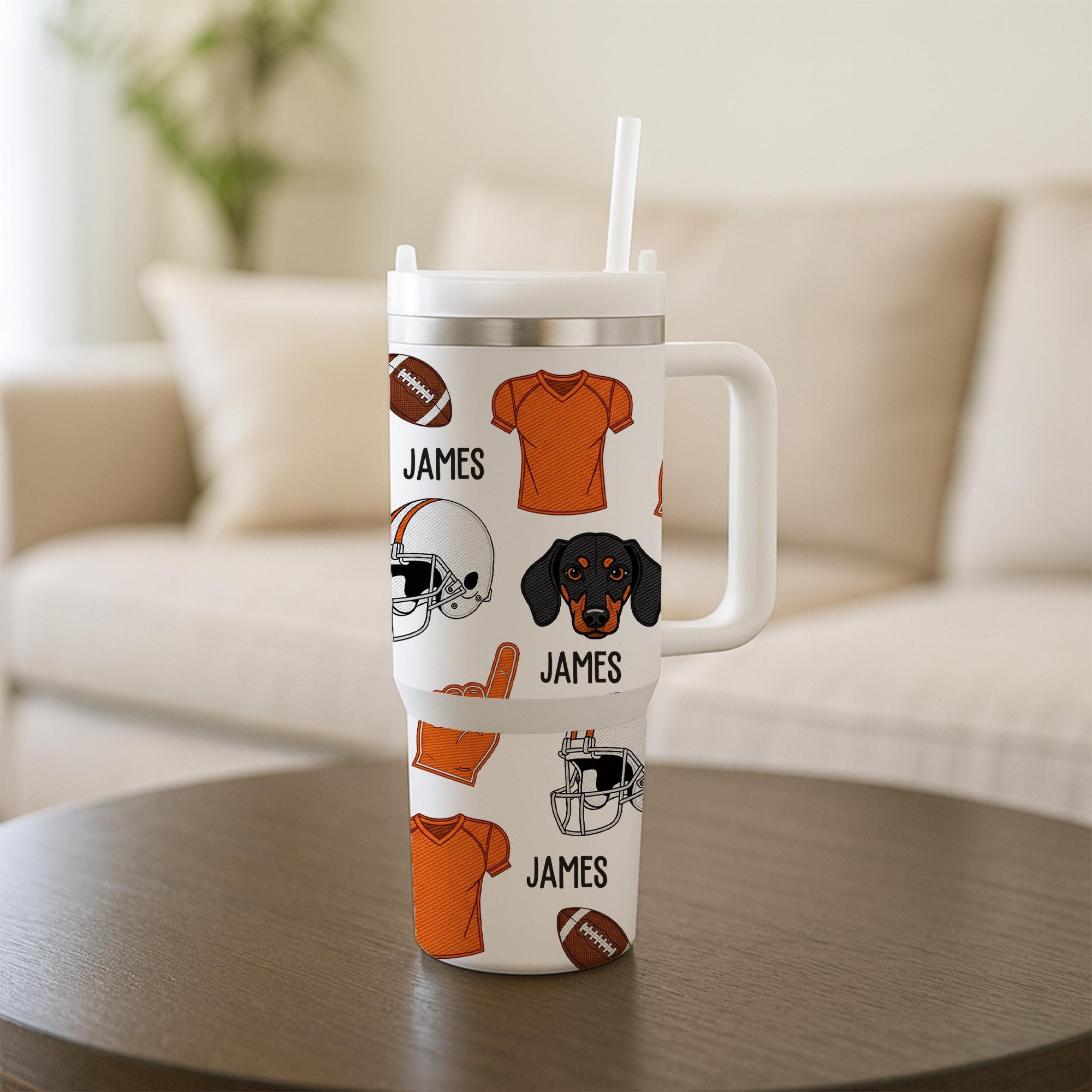 Custom Football Tumbler with Handle – Personalized Name & Dog Design, Sports Fan Gift, Stainless Steel Travel Cup with Straw, Dog Lover Gift