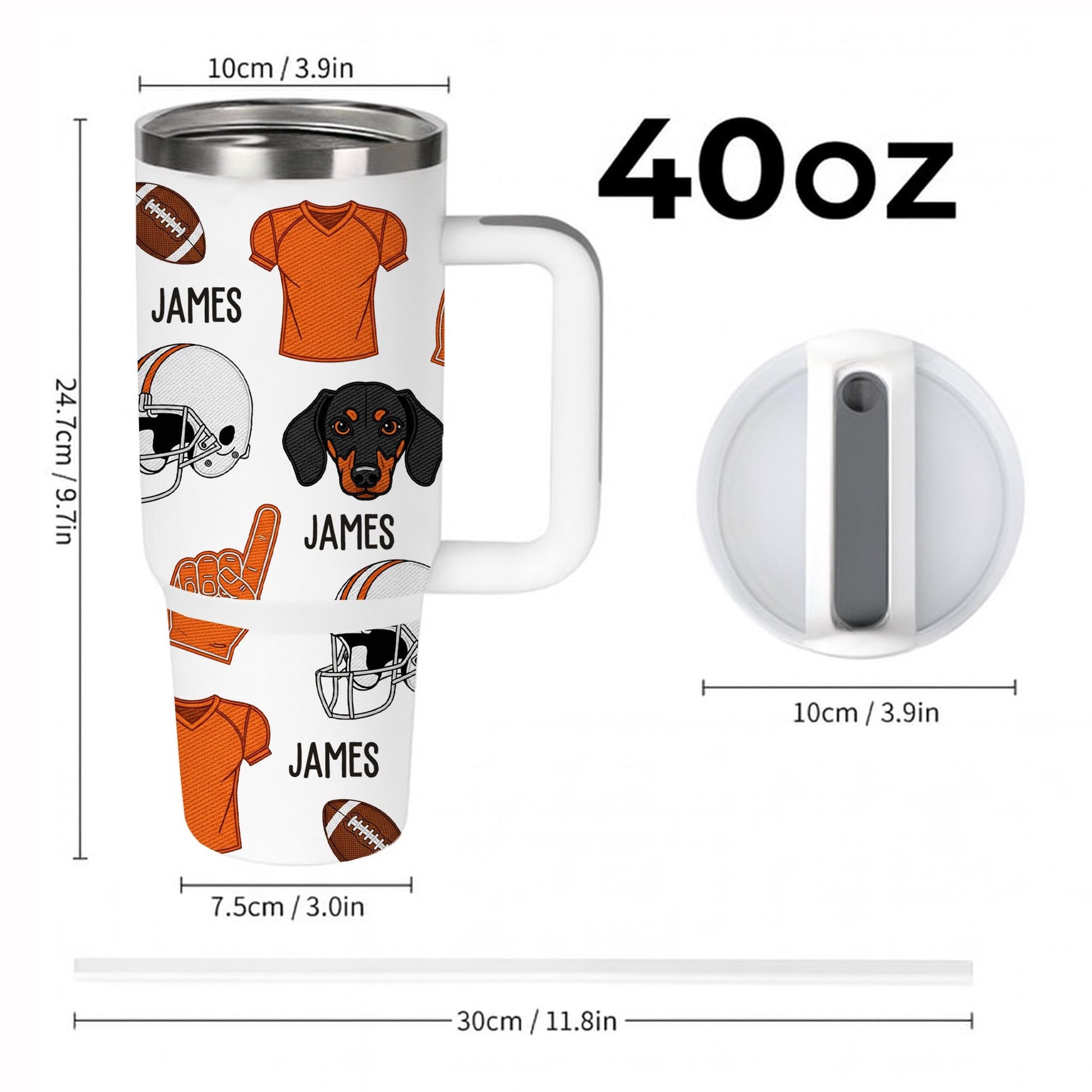 Custom Football Tumbler with Handle – Personalized Name & Dog Design, Sports Fan Gift, Stainless Steel Travel Cup with Straw, Dog Lover Gift