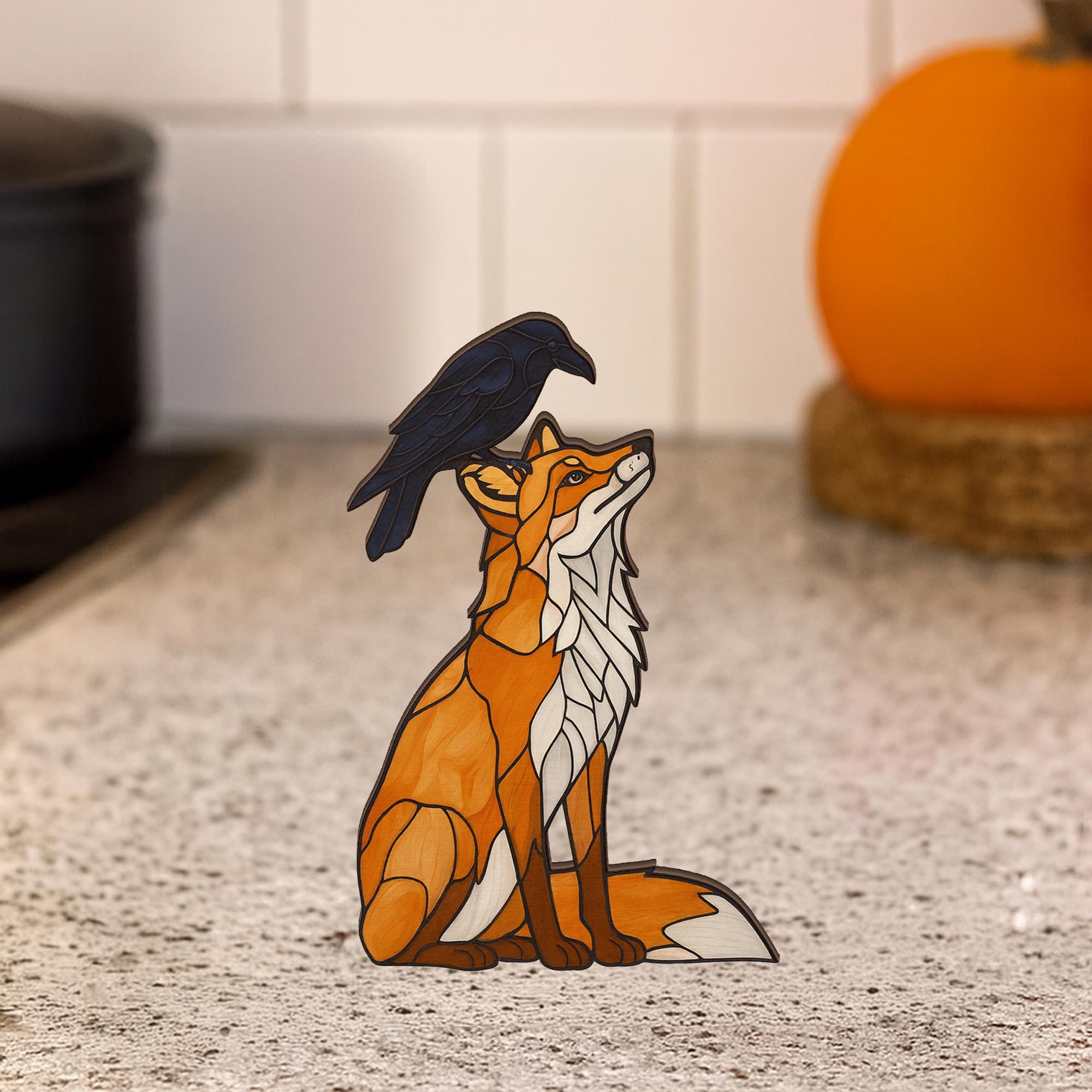 Autumn Wooden Block Decor | Fox and Raven Halloween Decoration | Rustic Fall Sign | Woodland Animal Home Accent