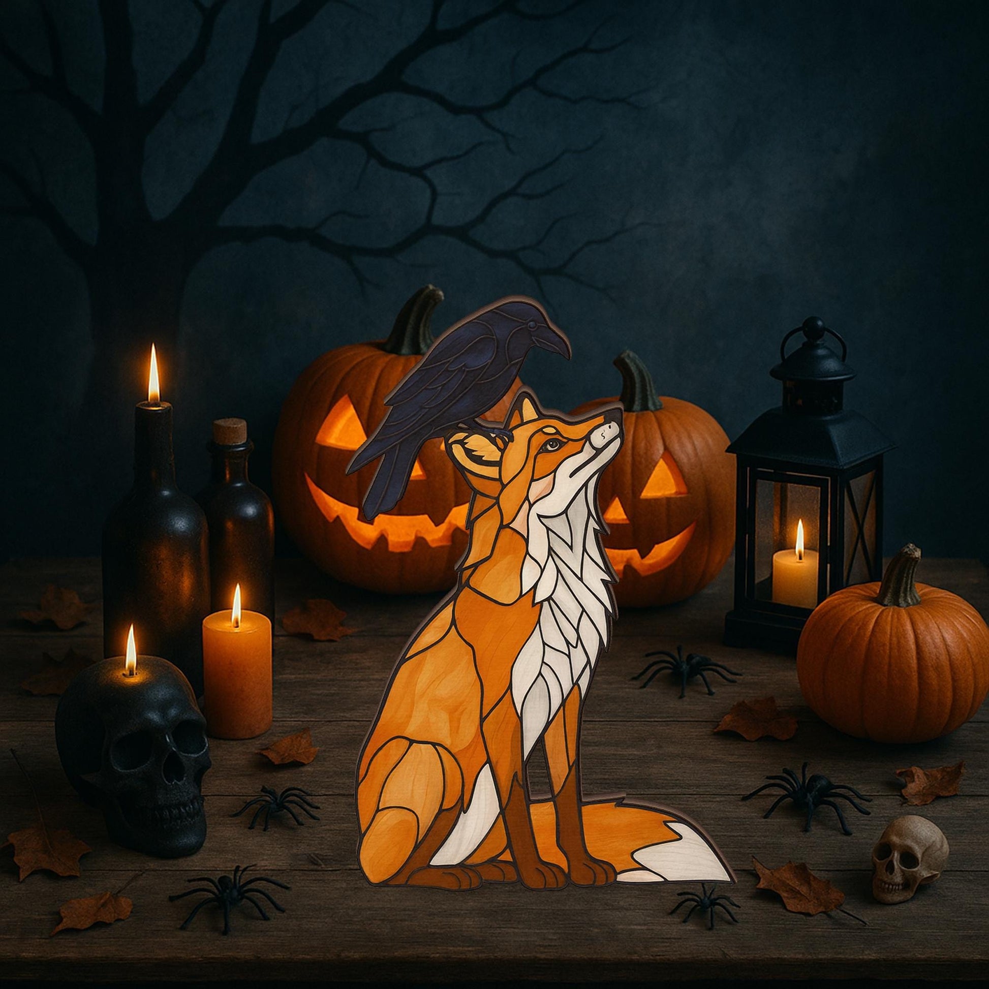 Autumn Wooden Block Decor | Fox and Raven Halloween Decoration | Rustic Fall Sign | Woodland Animal Home Accent