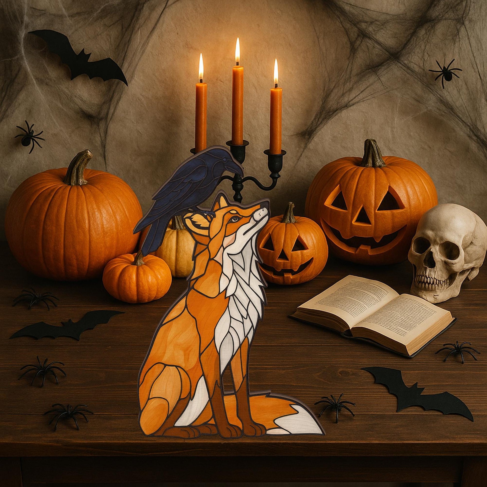 Autumn Wooden Block Decor | Fox and Raven Halloween Decoration | Rustic Fall Sign | Woodland Animal Home Accent