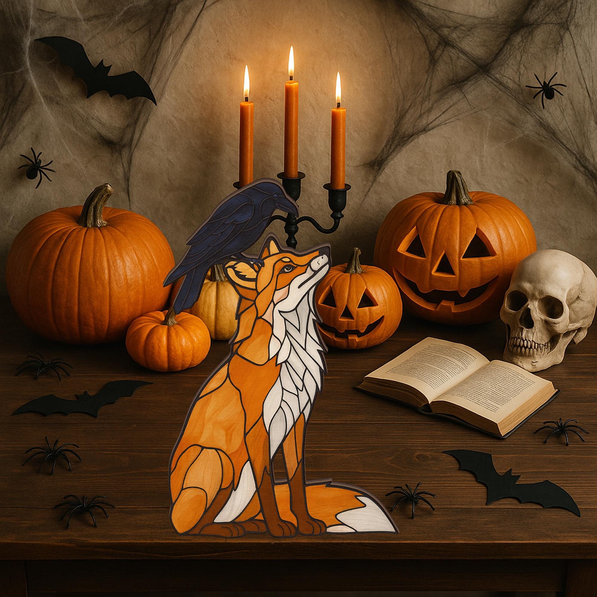 Autumn Wooden Block Decor | Fox and Raven Halloween Decoration | Rustic Fall Sign | Woodland Animal Home Accent