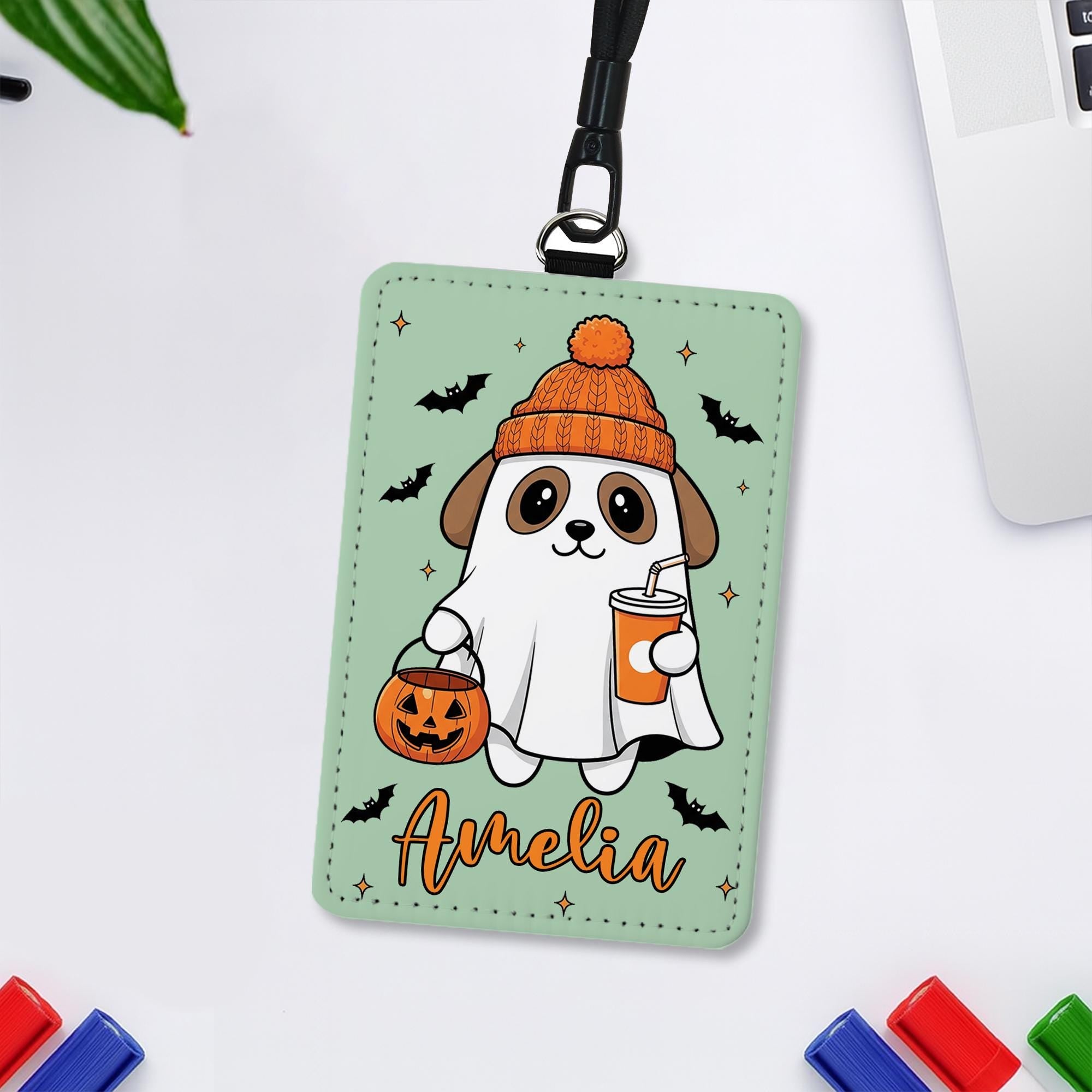 Custom Halloween Dog Badge Holder – Personalized Name ID Card Holder, Ghost Puppy Lanyard, Fall Office Nurse Teacher Gift, Work Accessory